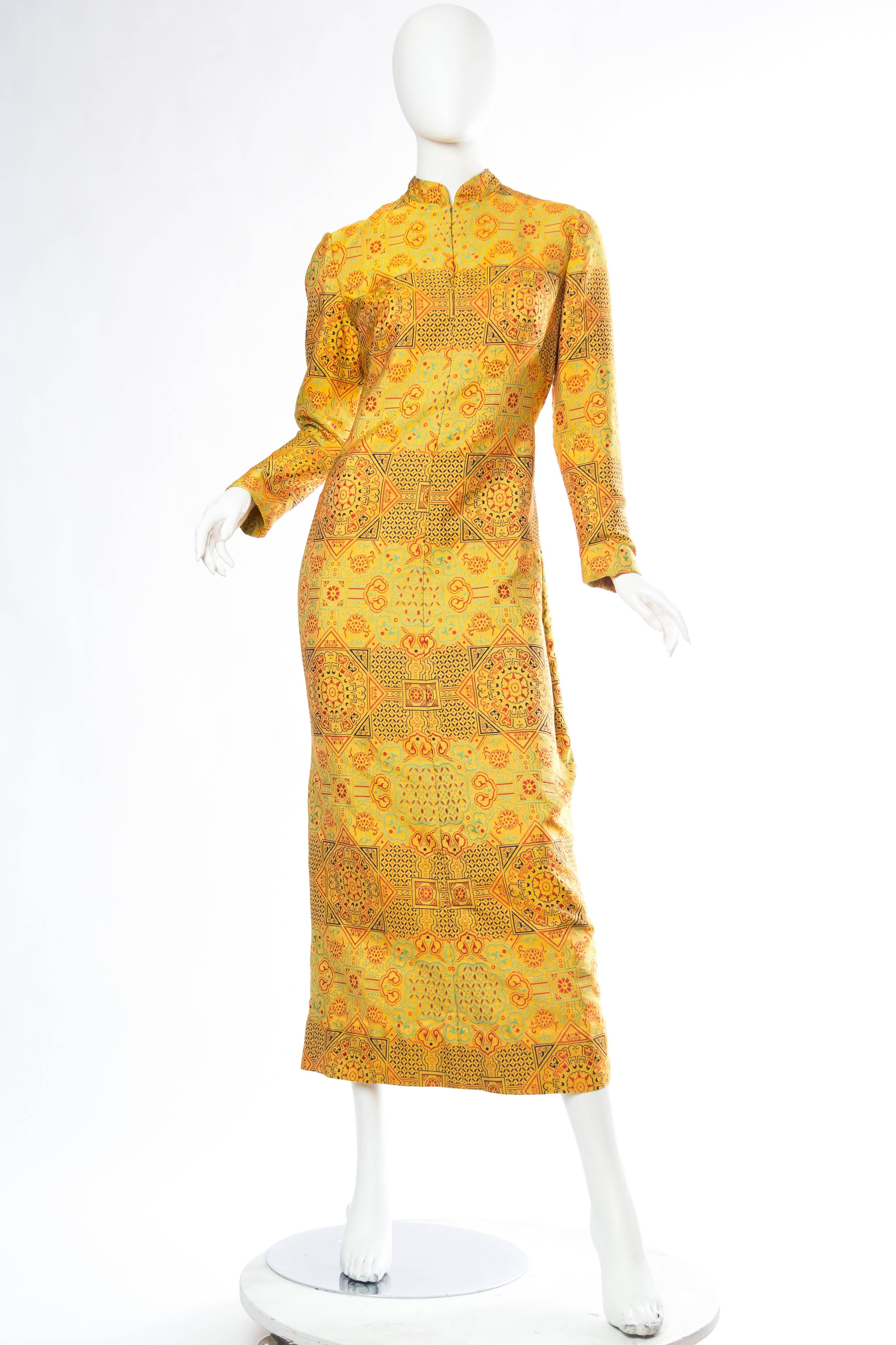 1960S ADELE SIMPSON Yellow Silk Blend Jacquard Chinese Inspired Long Sleeve Dress