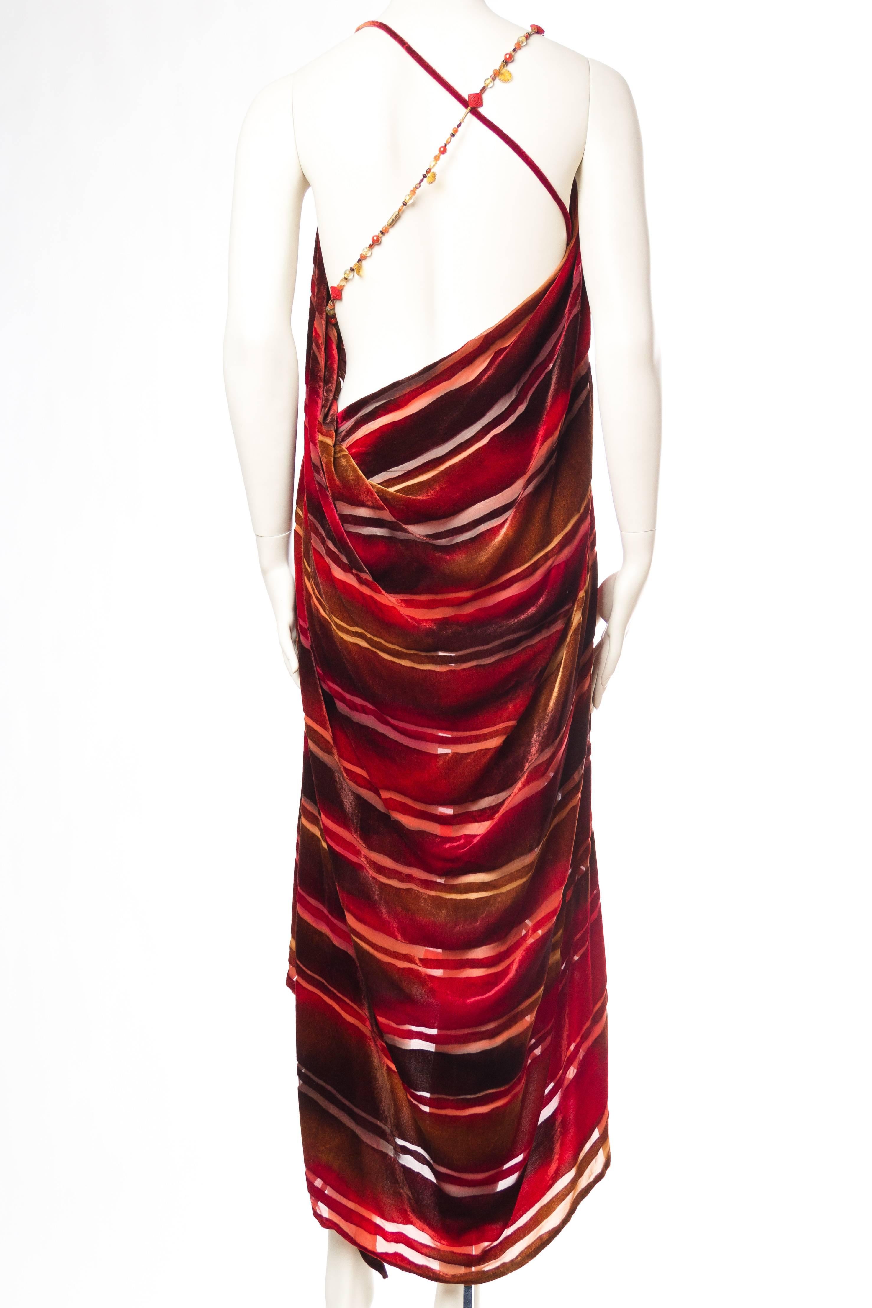Women's 1990s Backless Hand Painted Silk Velvet Dress with Gold Beads
