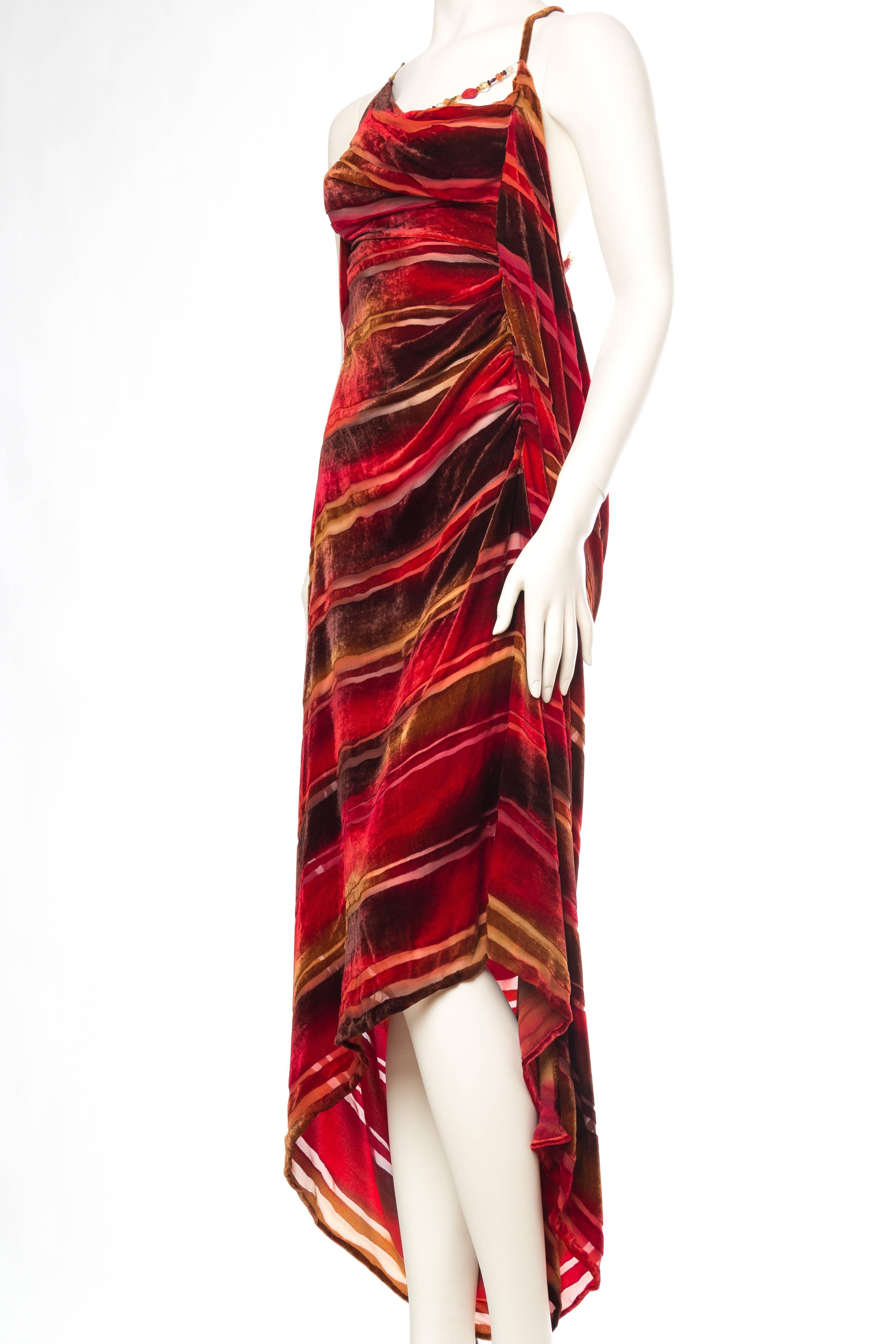 1990s Backless Hand Painted Silk Velvet Dress with Gold Beads In Excellent Condition In New York, NY