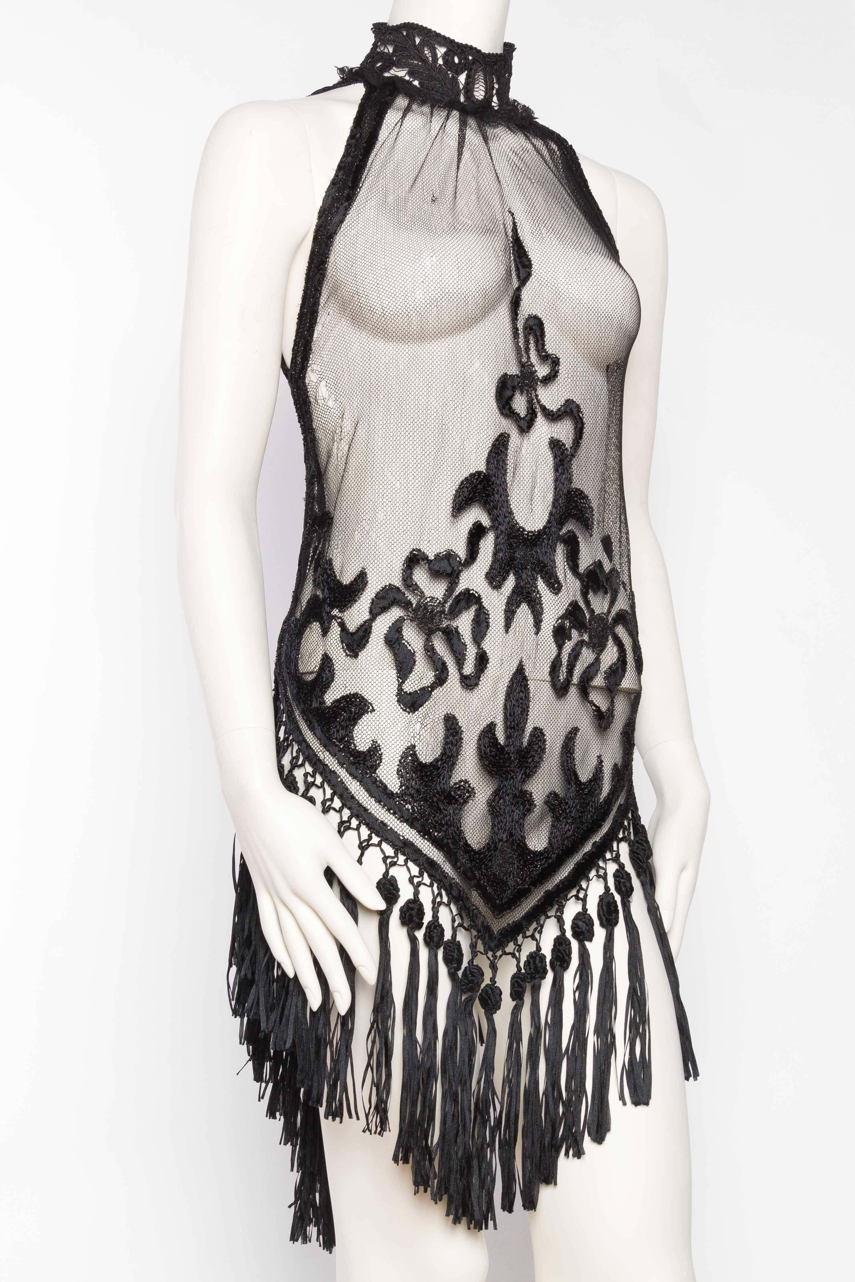 Sheer Mini Dress Made from Hand Embroidered Edwardian Net and antique Lace In Good Condition In New York, NY