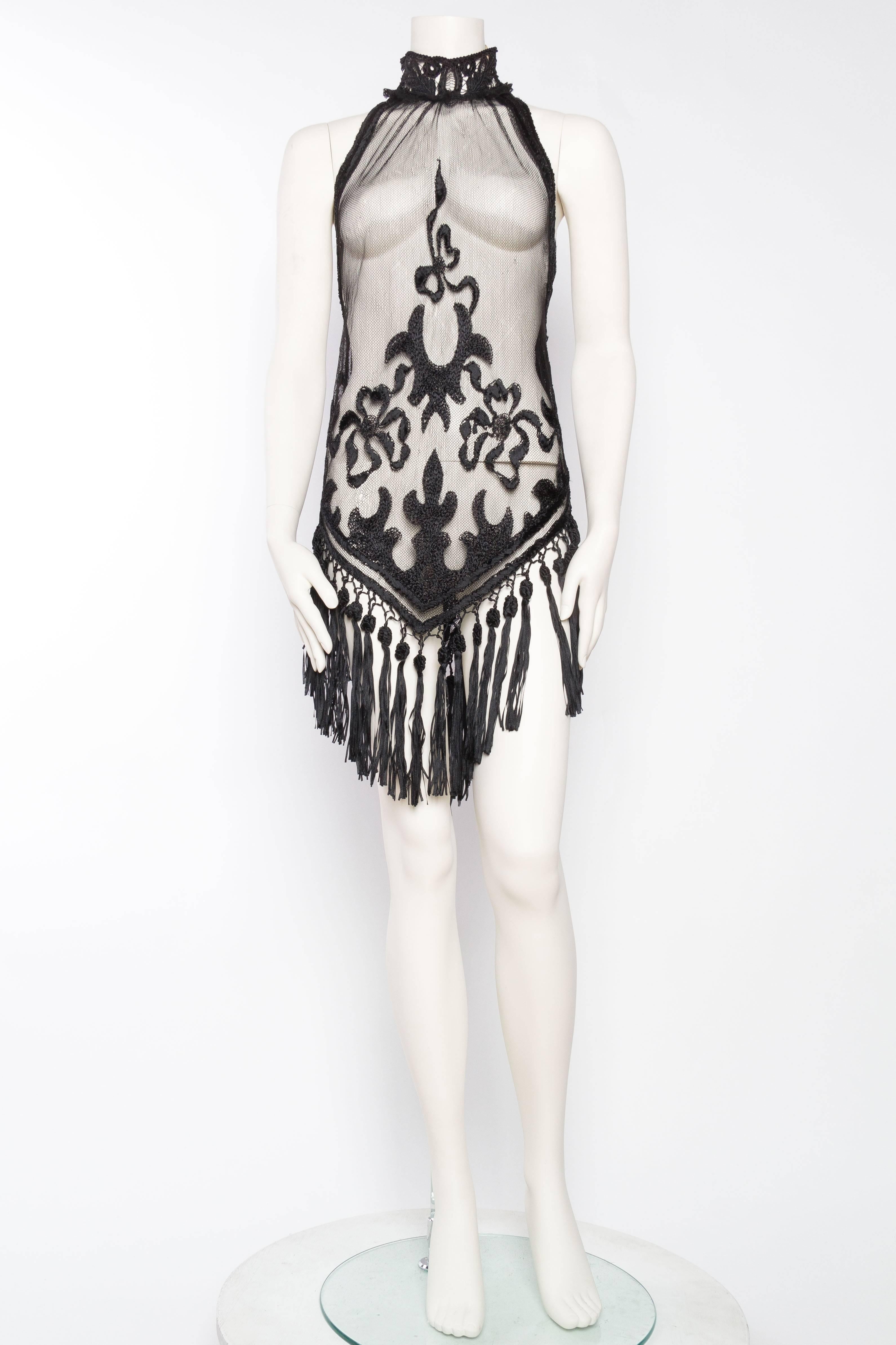 Black Sheer Mini Dress Made from Hand Embroidered Edwardian Net and antique Lace