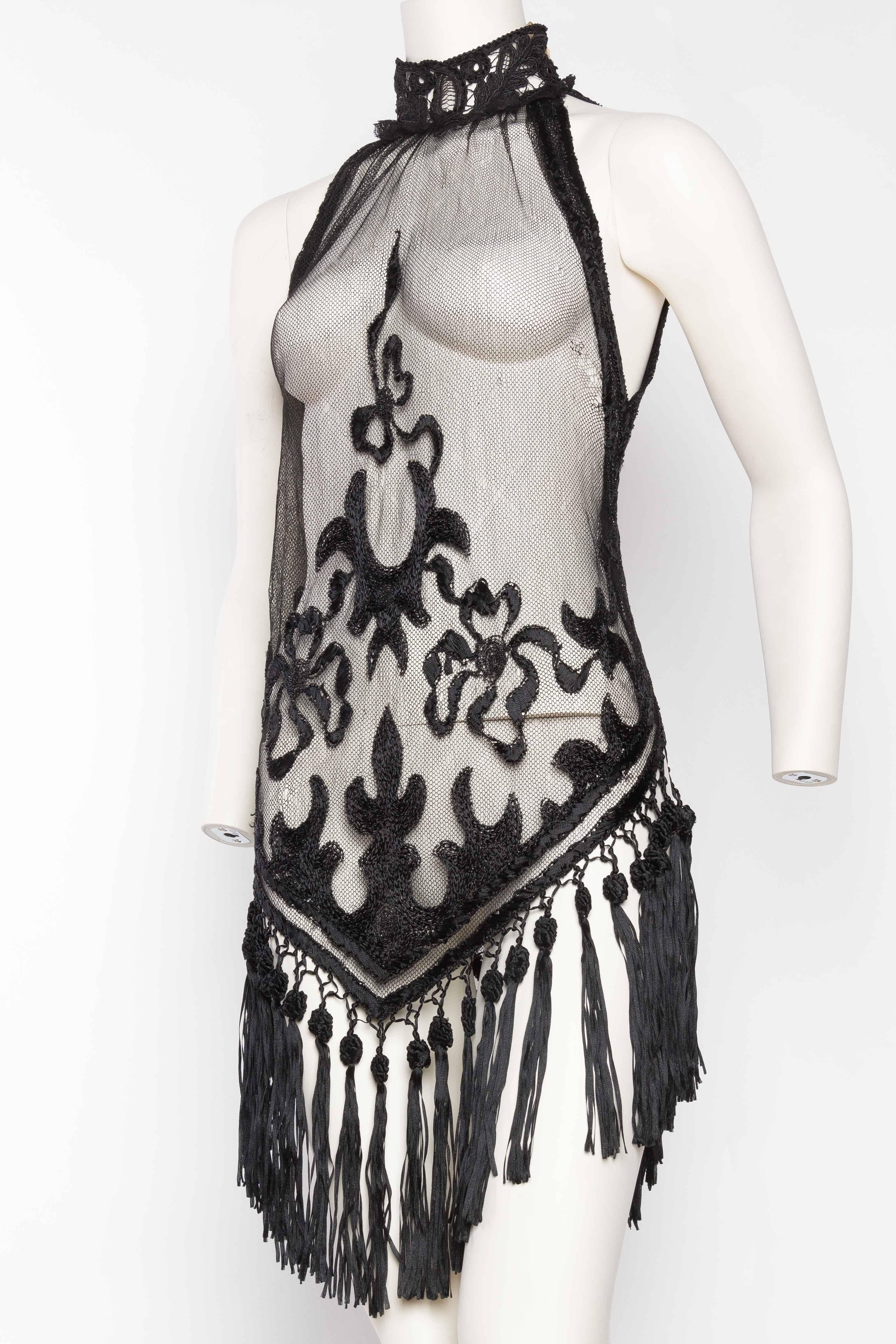 Sheer Mini Dress Made from Hand Embroidered Edwardian Net and antique Lace With Fringe Tassels