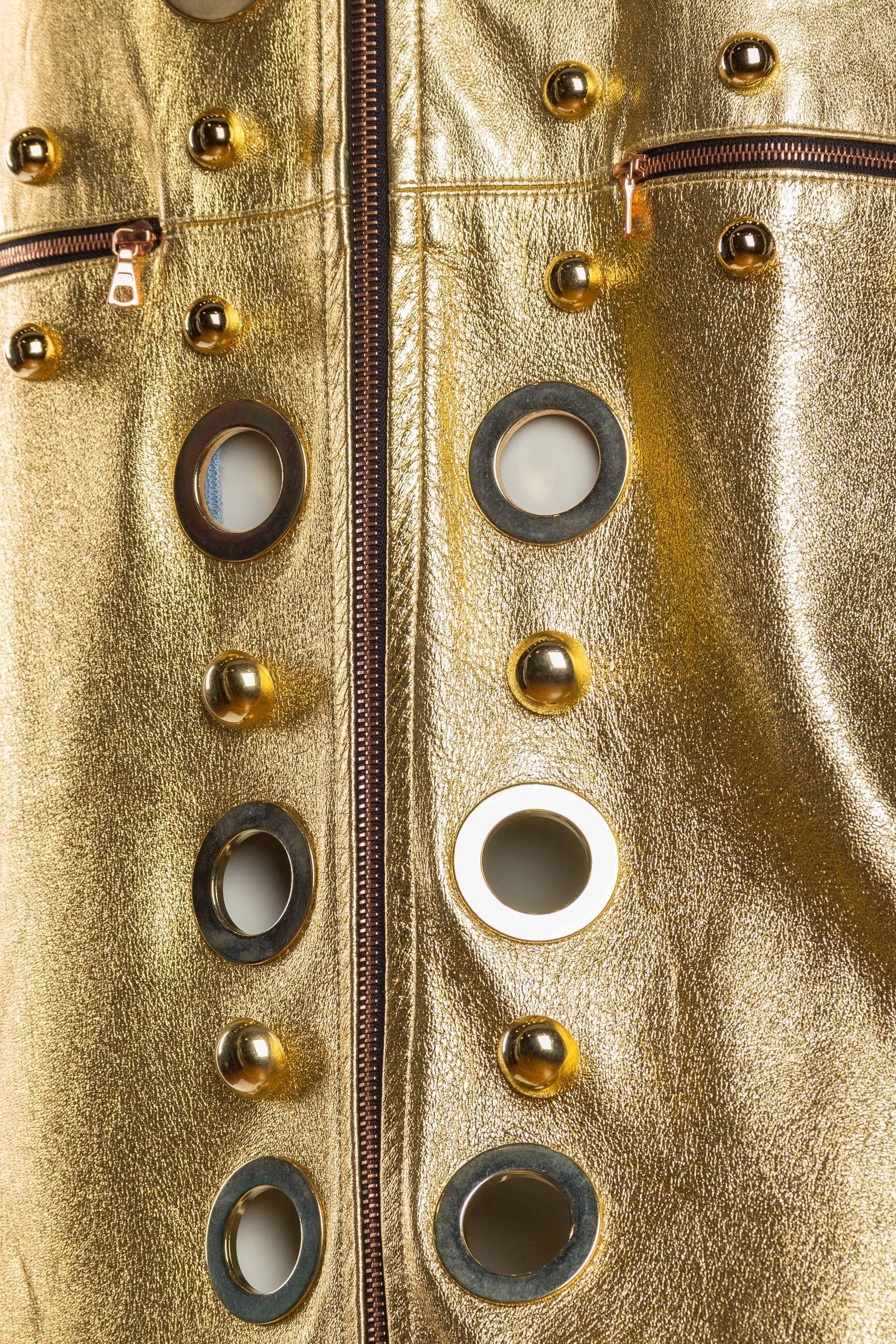 Studded Gold Leather Mod Zipper Dress 4