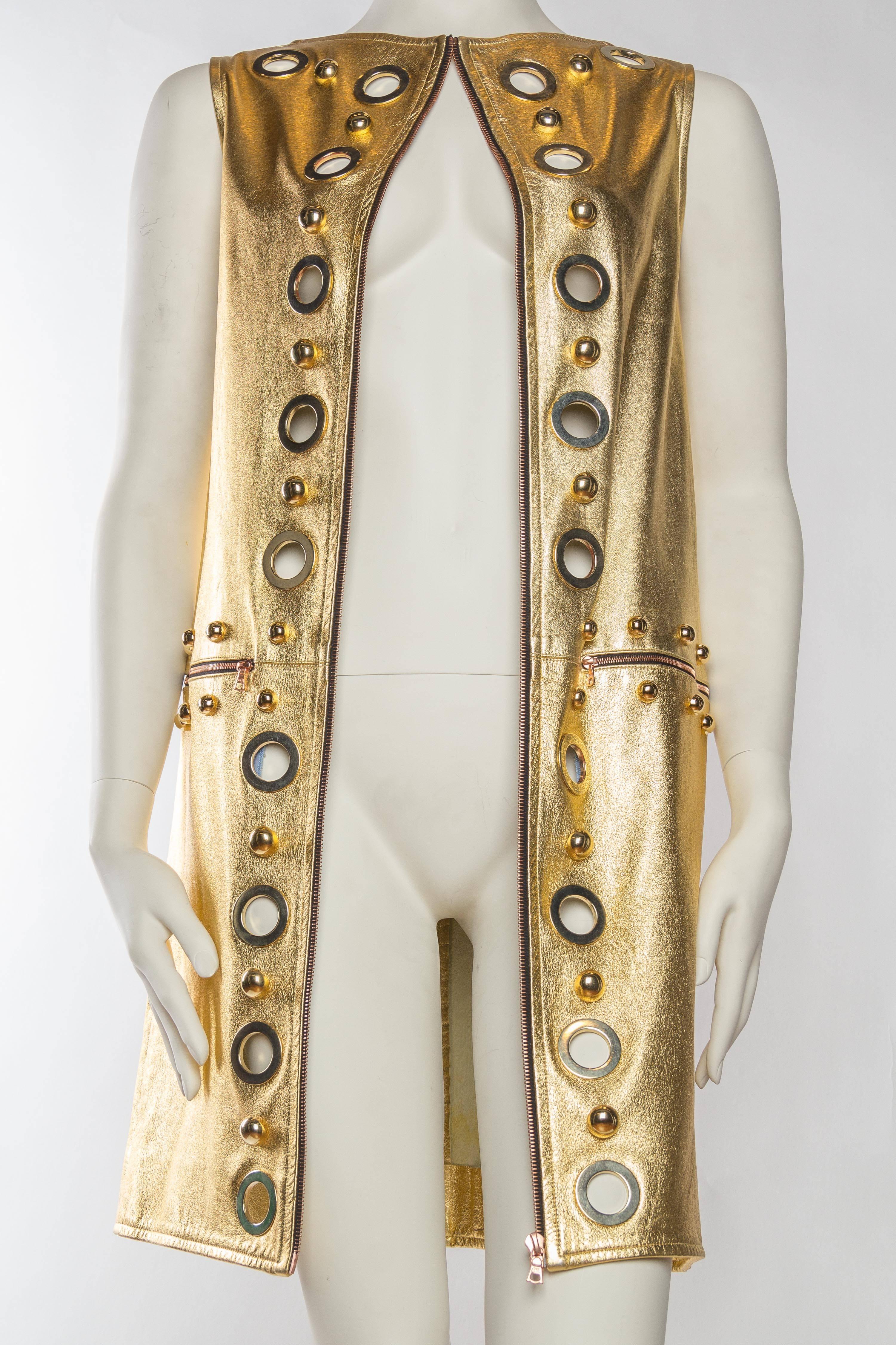 Studded gold leather mod zipper dress made from luscious soft lambskin.