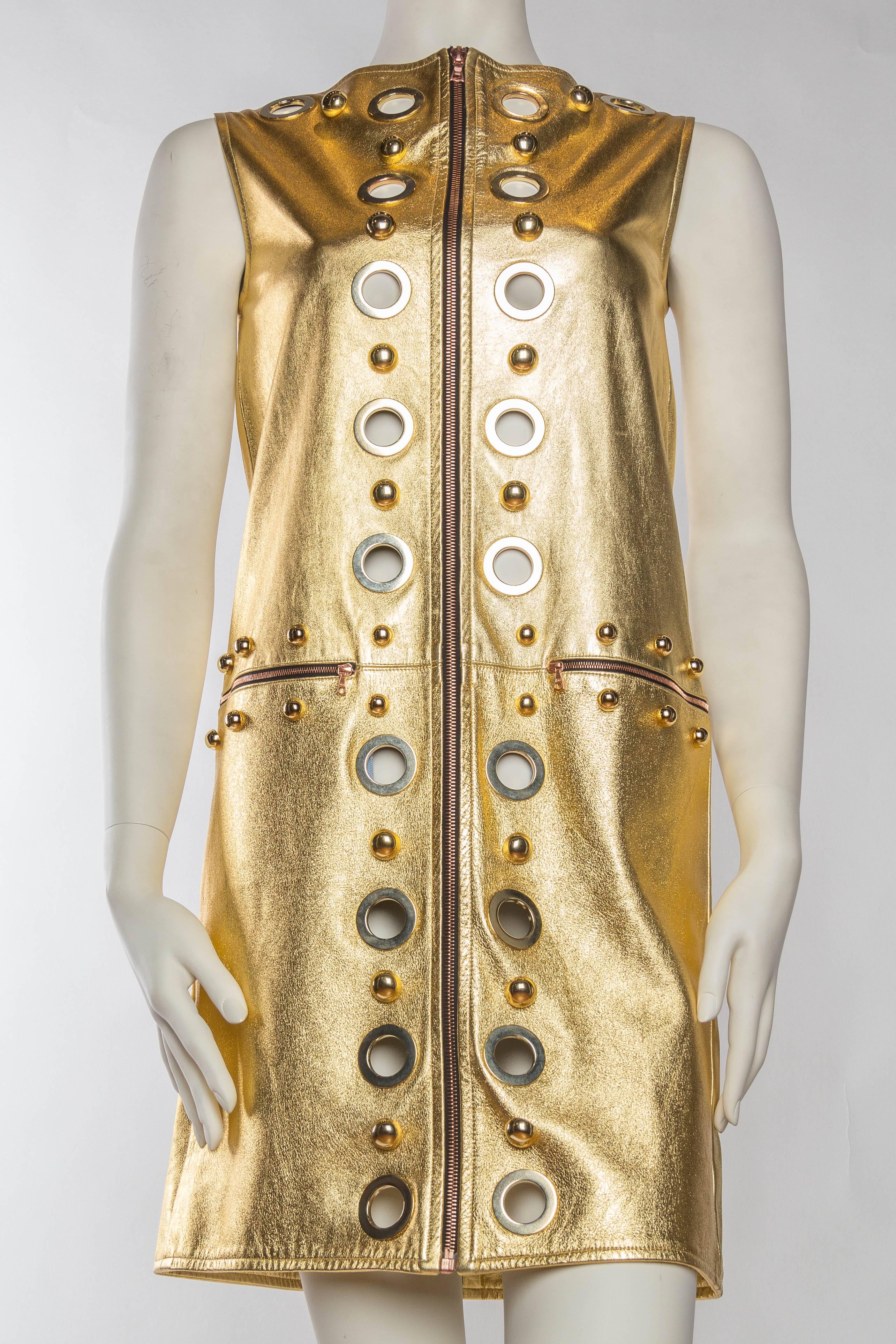 Brown Studded Gold Leather Mod Zipper Dress