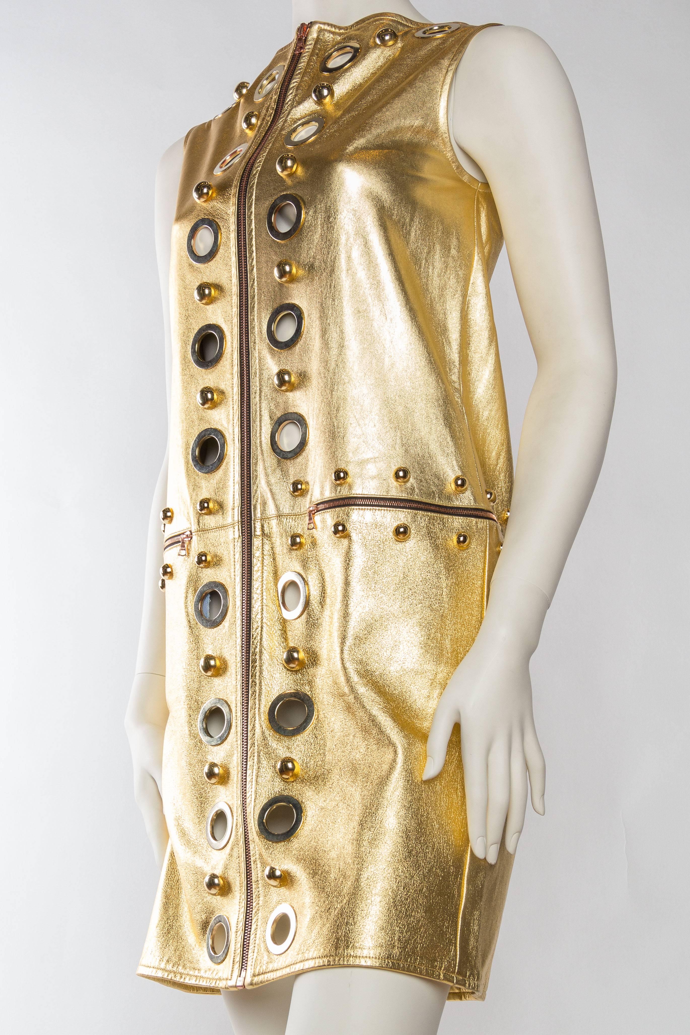 Studded Gold Leather Mod Zipper Dress 1