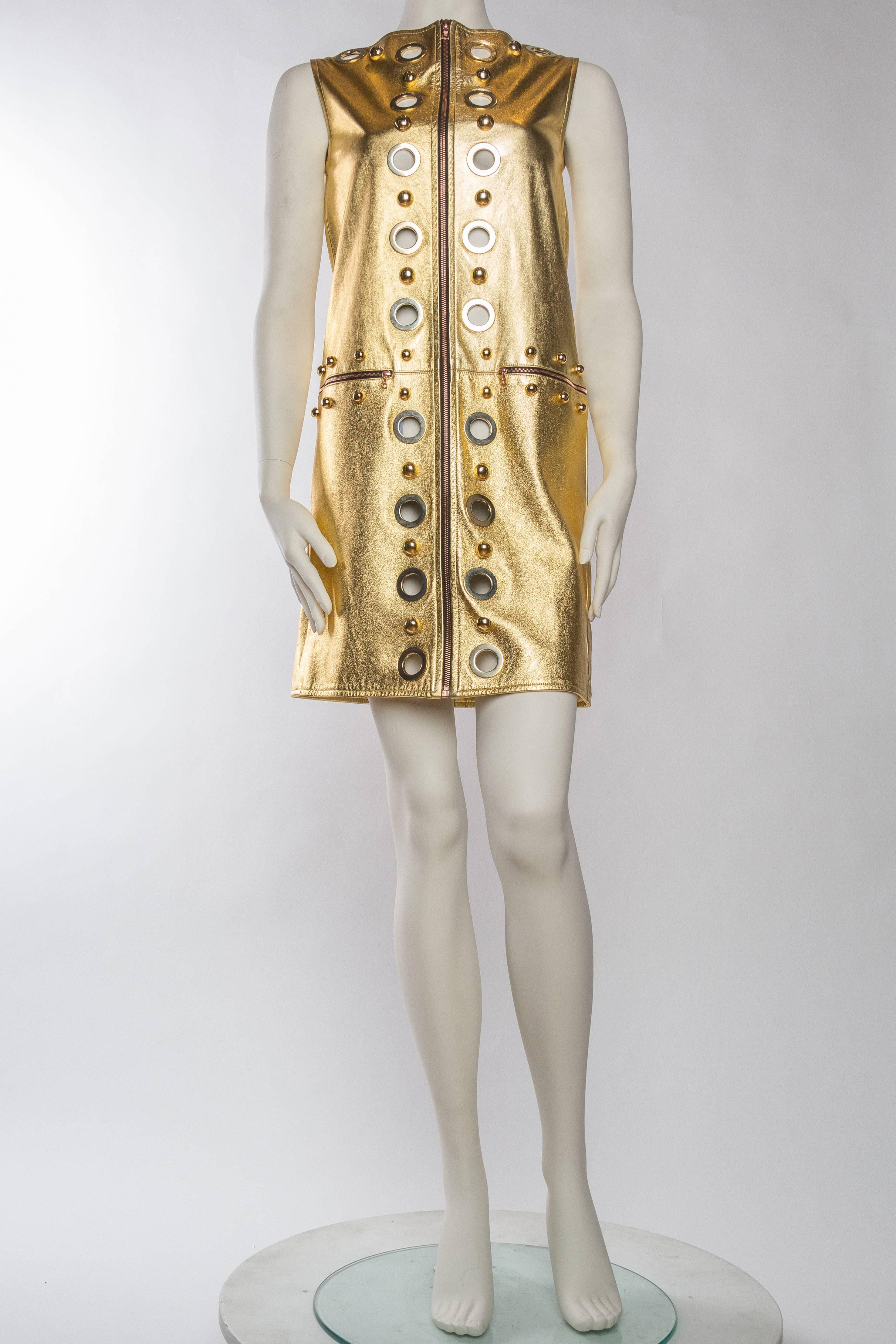 Studded Gold Leather Mod Zipper Dress In Excellent Condition In New York, NY
