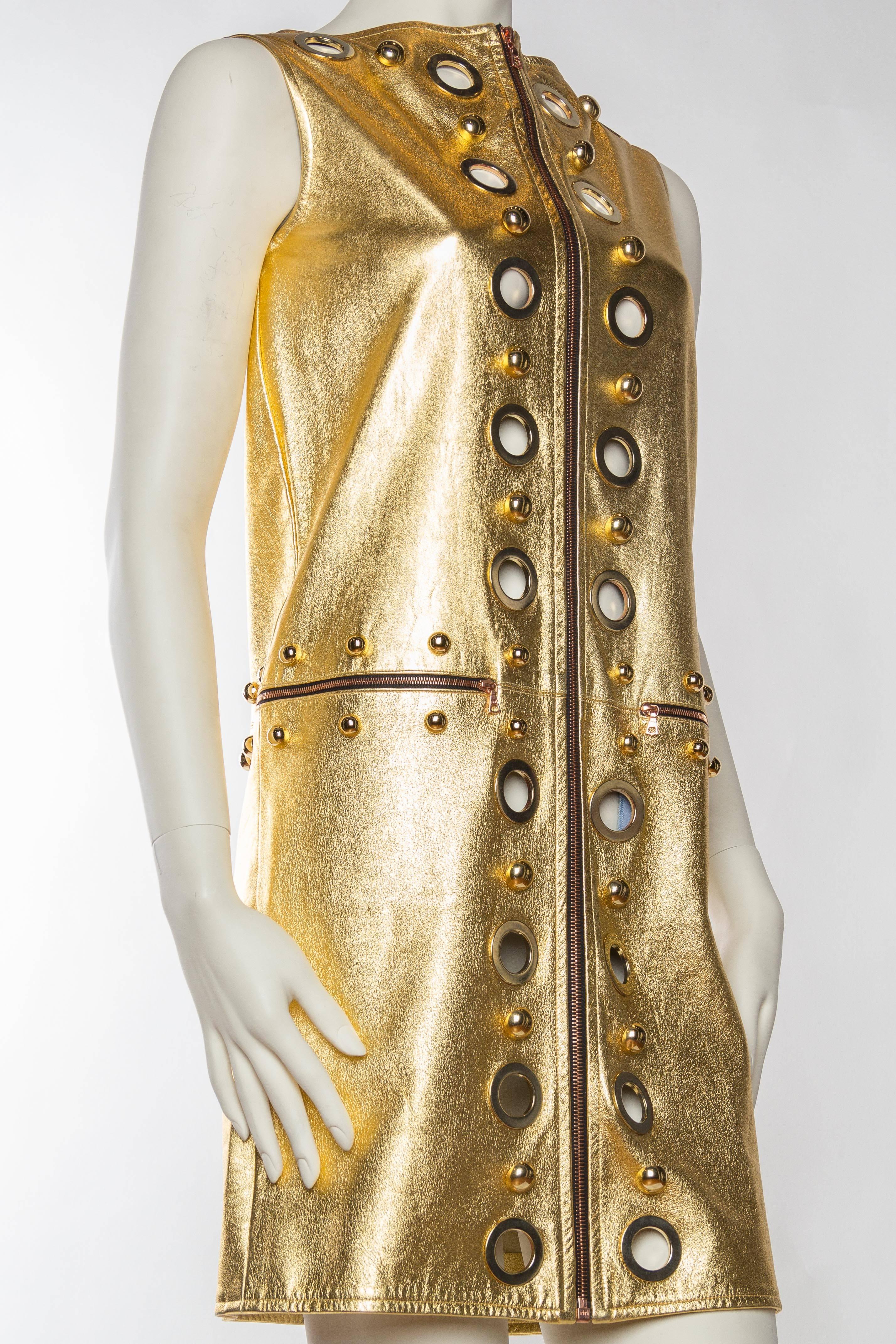 Women's Studded Gold Leather Mod Zipper Dress