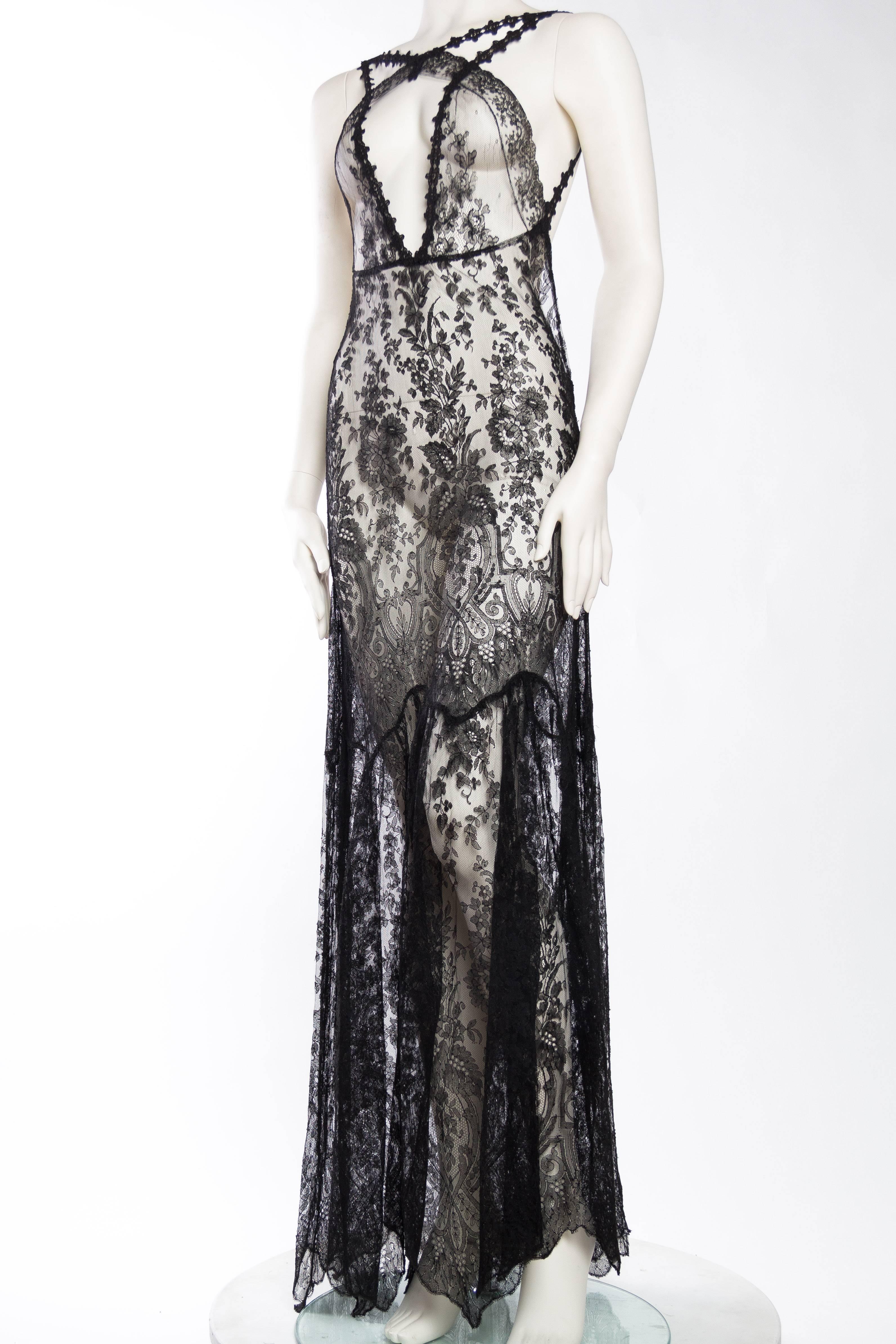Sheer Floral Silk Victorian Lace Gown In Excellent Condition In New York, NY