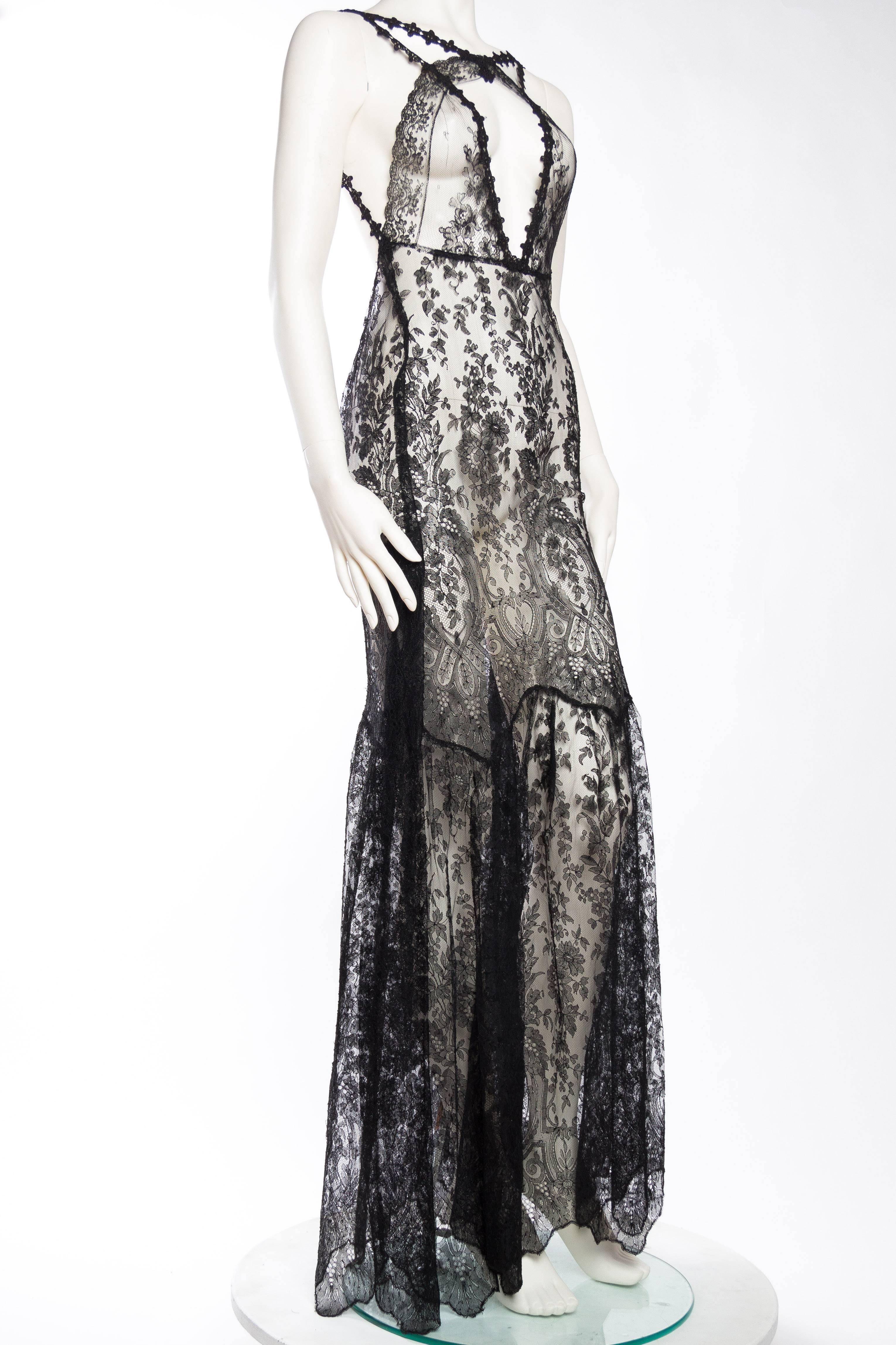 Black Sheer Floral Silk Victorian Lace Gown