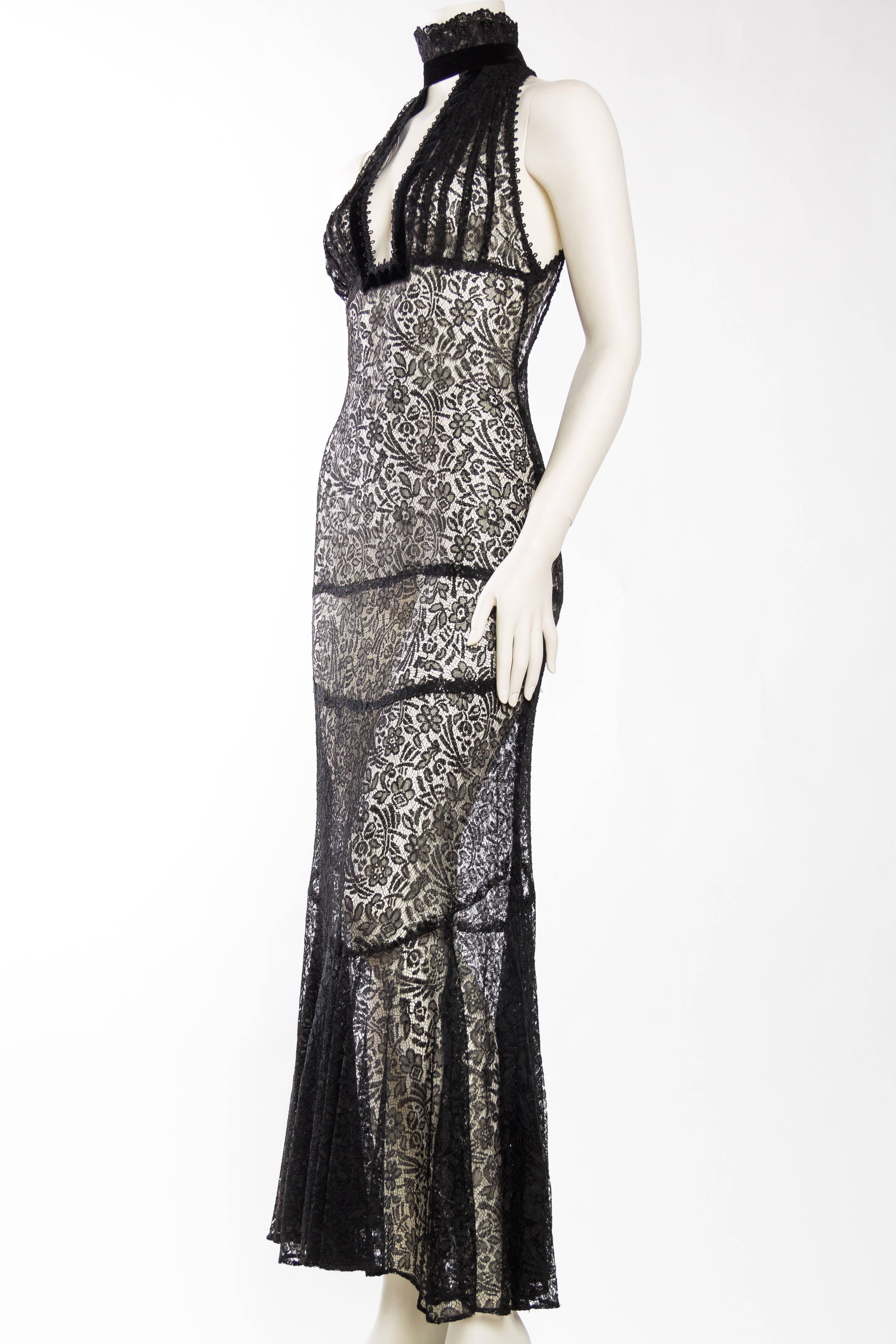 Black 1930s Art Deco Sheer Lace Gown