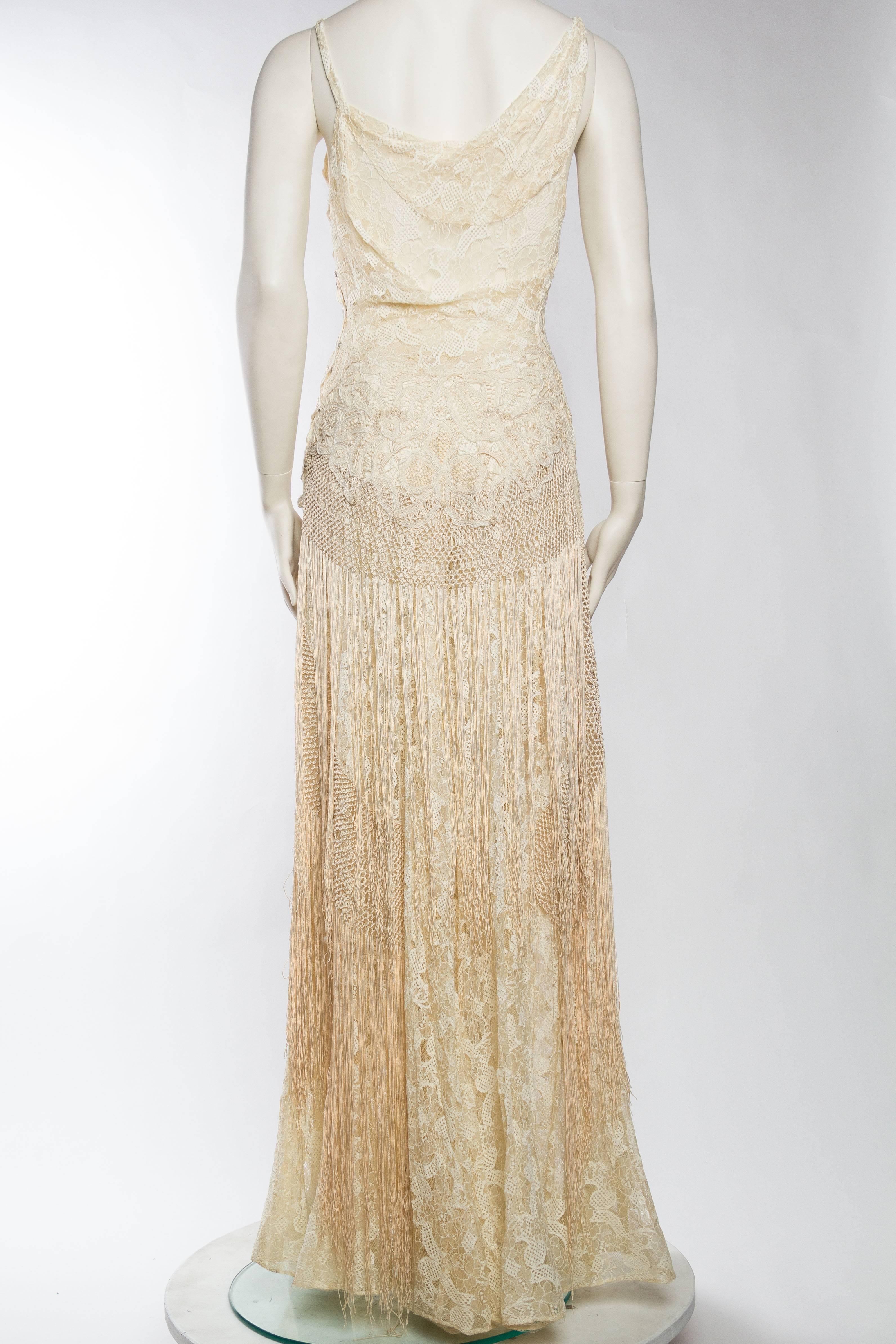 Beige 1930s Sheer Silk Lace Gown with Victorian Lace Fringe