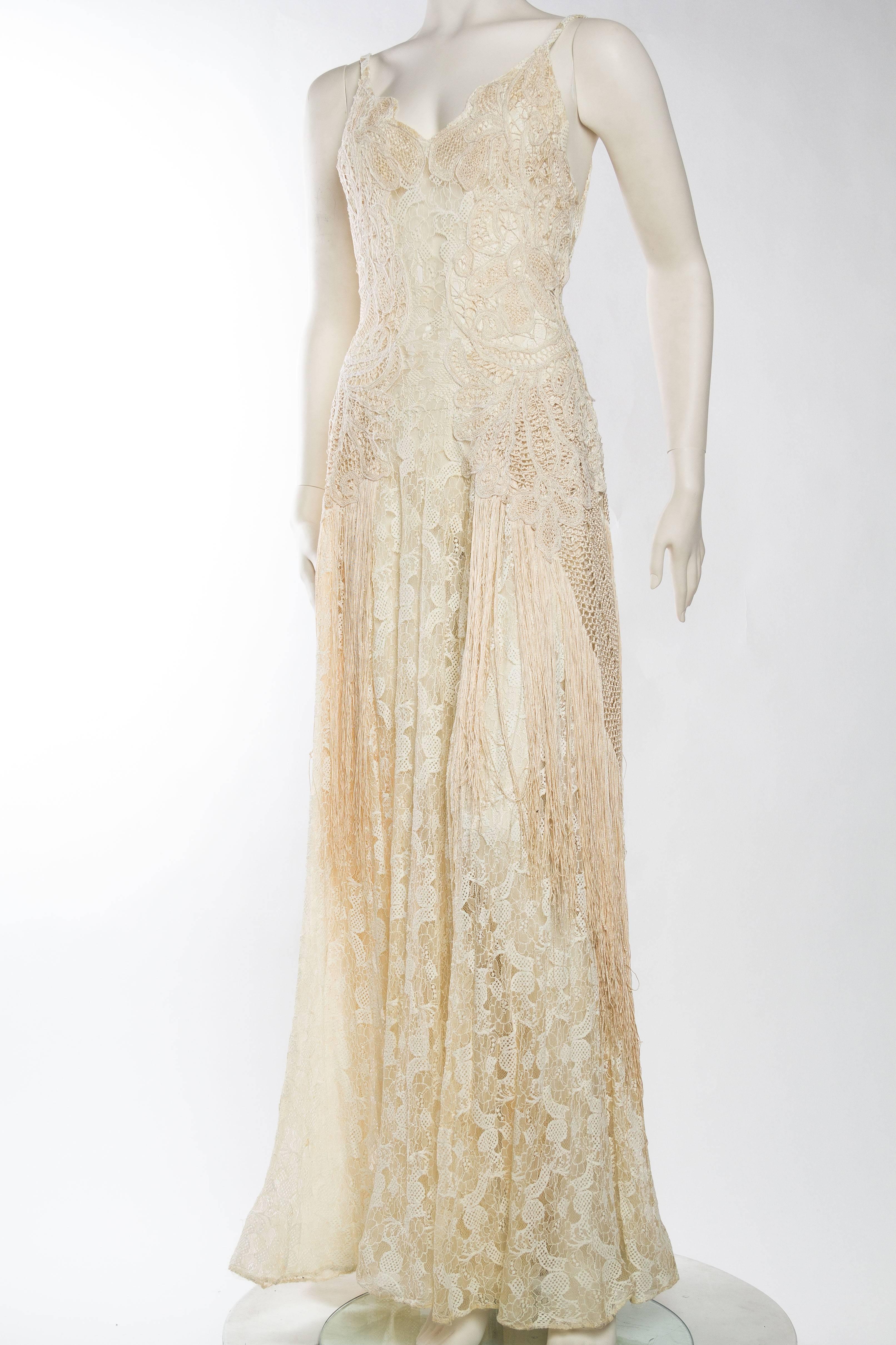 Exqusite 1930s Sheer Silk Lace Gown with Victorian Lace and Silk Fringe Rebuilt and Reworked for a Modern Woman