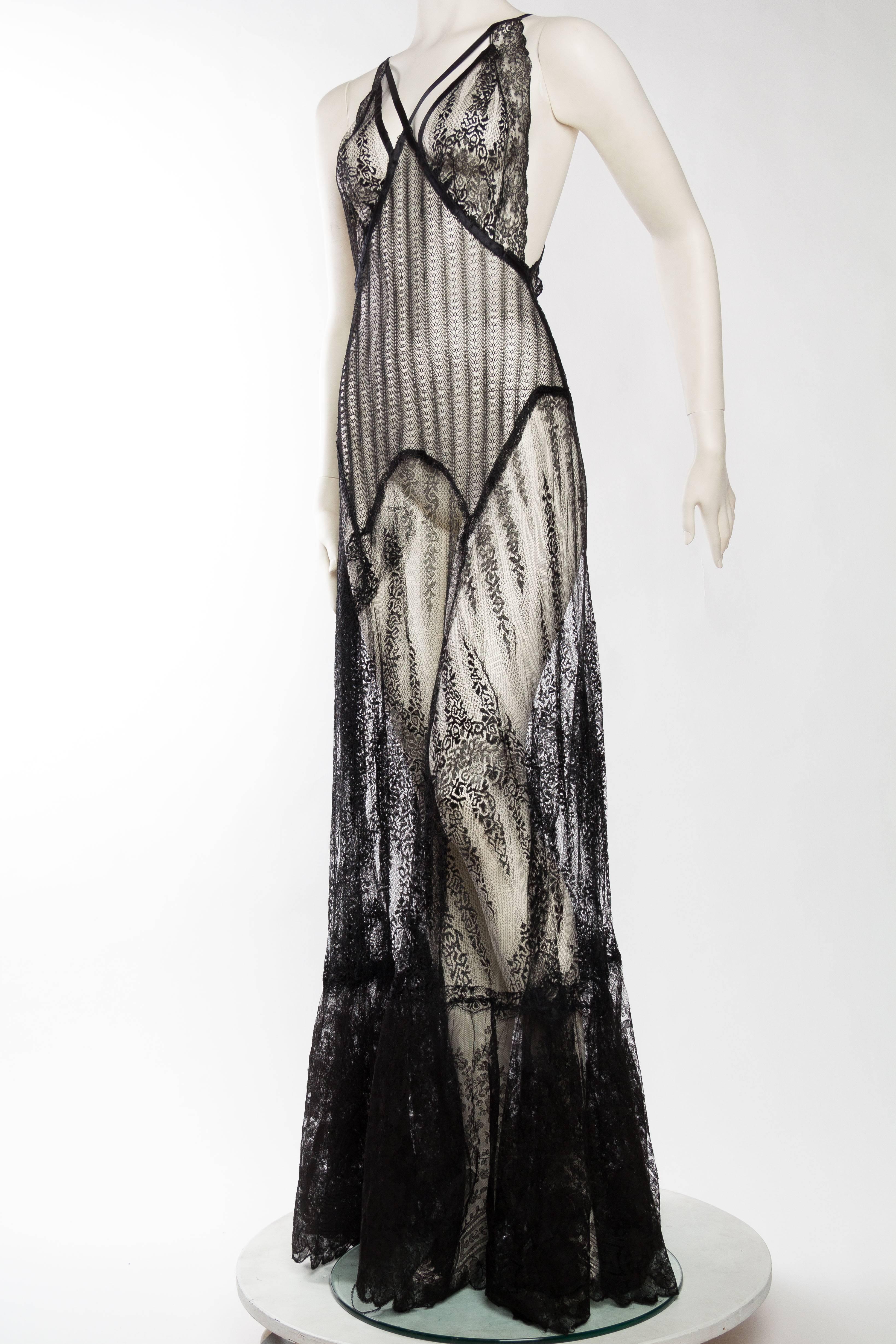 1930s Style Sheer Antique Lace and Net Gown at 1stDibs