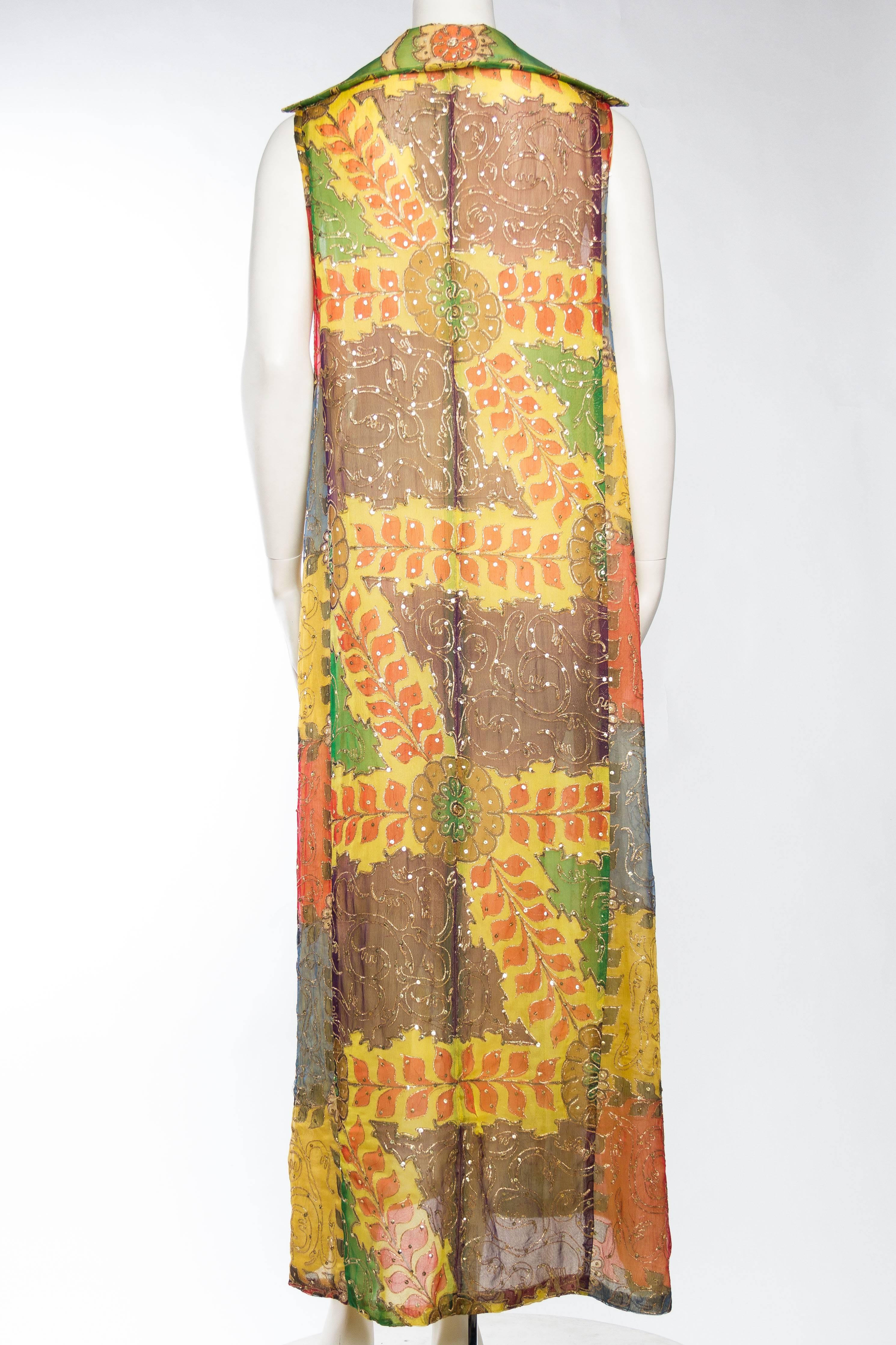 Women's Hand Painted Silk Maxi Vest with Gold Embroidery