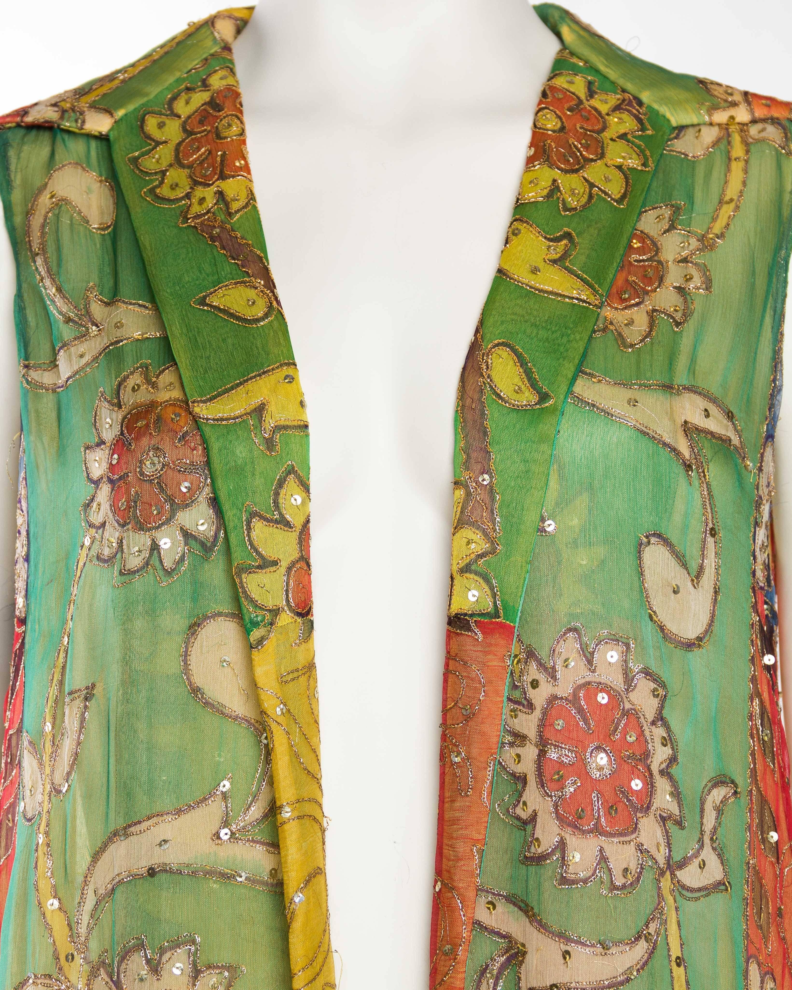 Hand Painted Silk Maxi Vest with Gold Embroidery 1