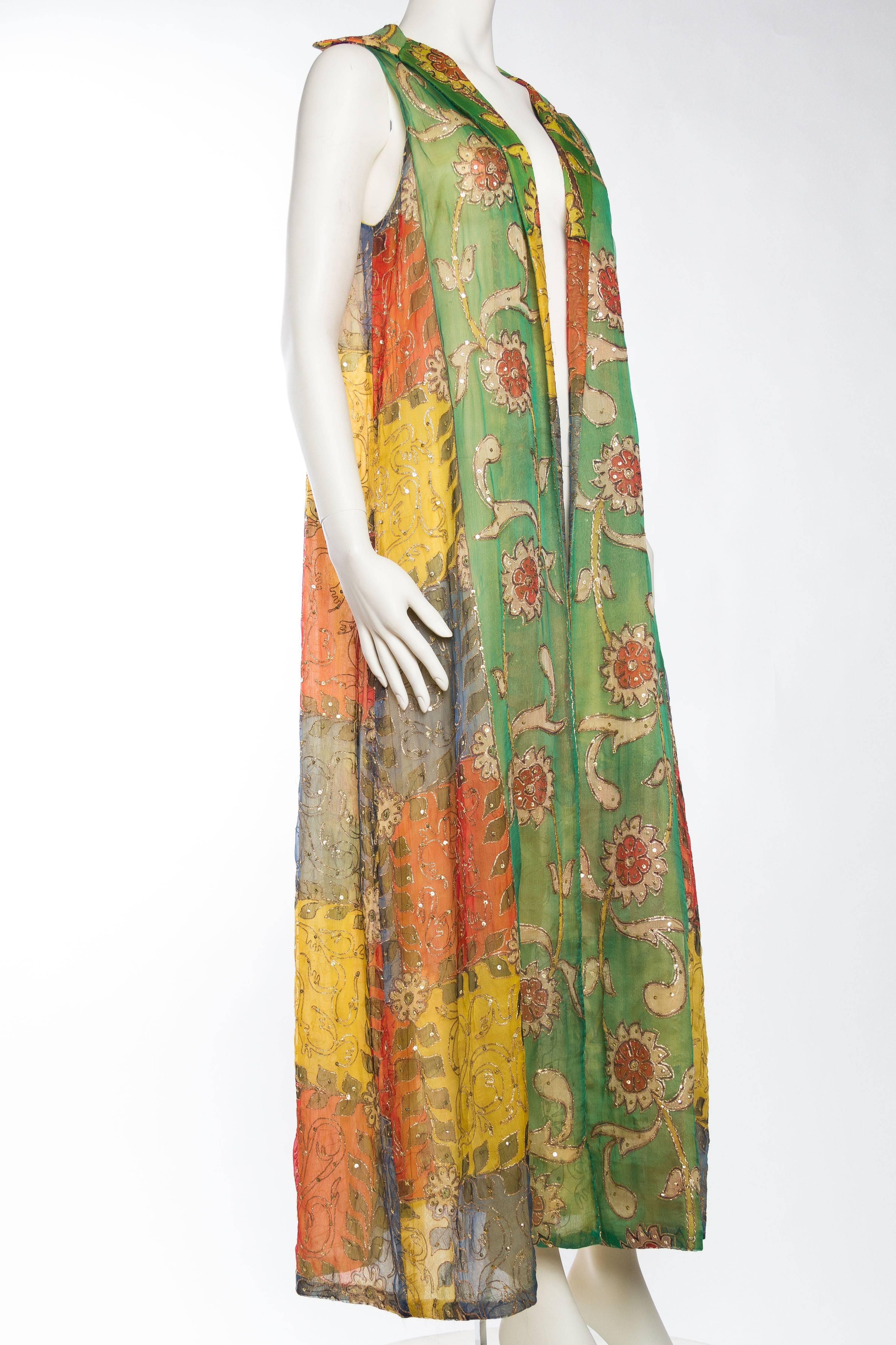 Brown Hand Painted Silk Maxi Vest with Gold Embroidery