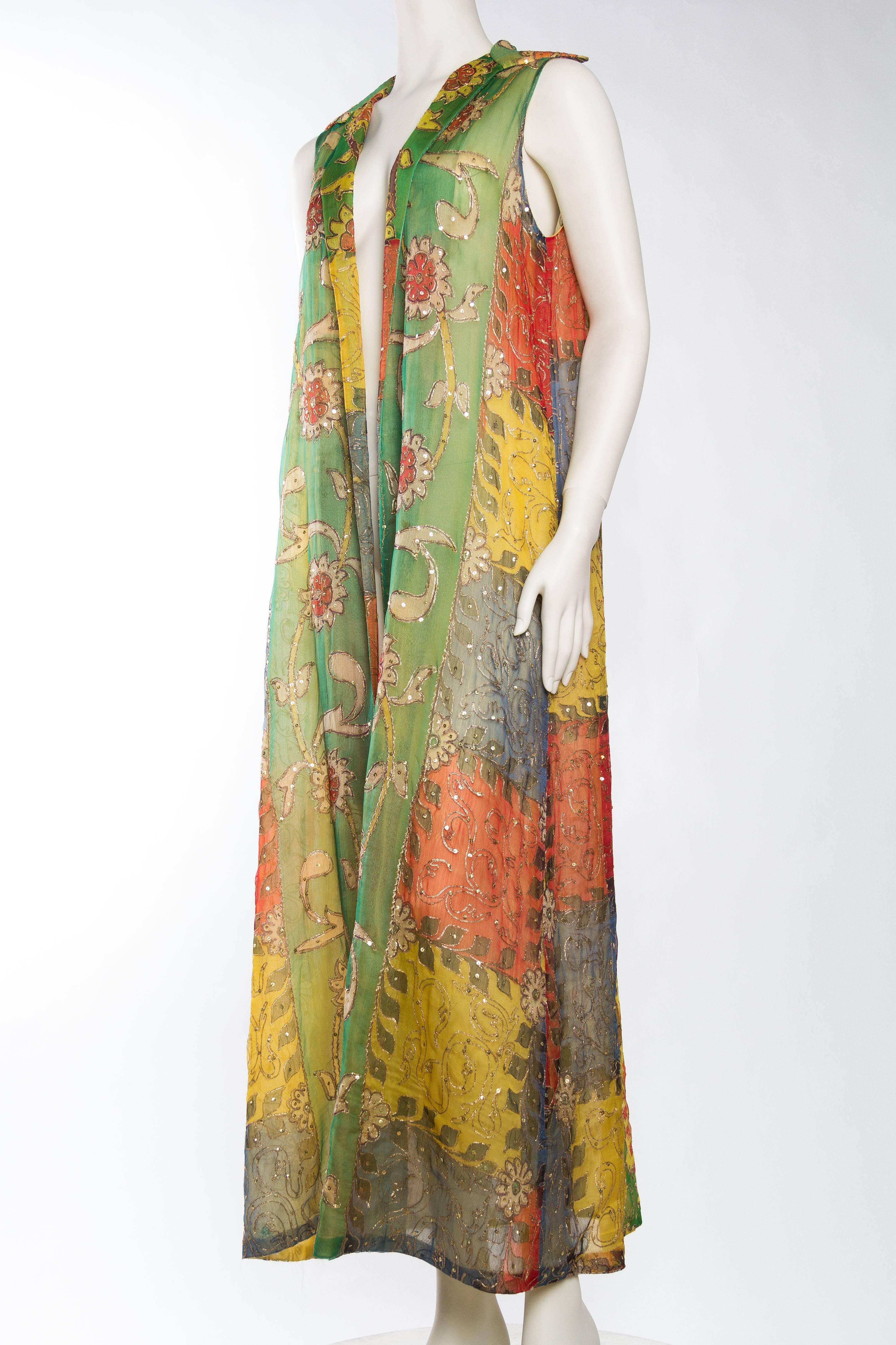 Hand Painted Silk Maxi Vest with Gold Embroidery In Excellent Condition In New York, NY
