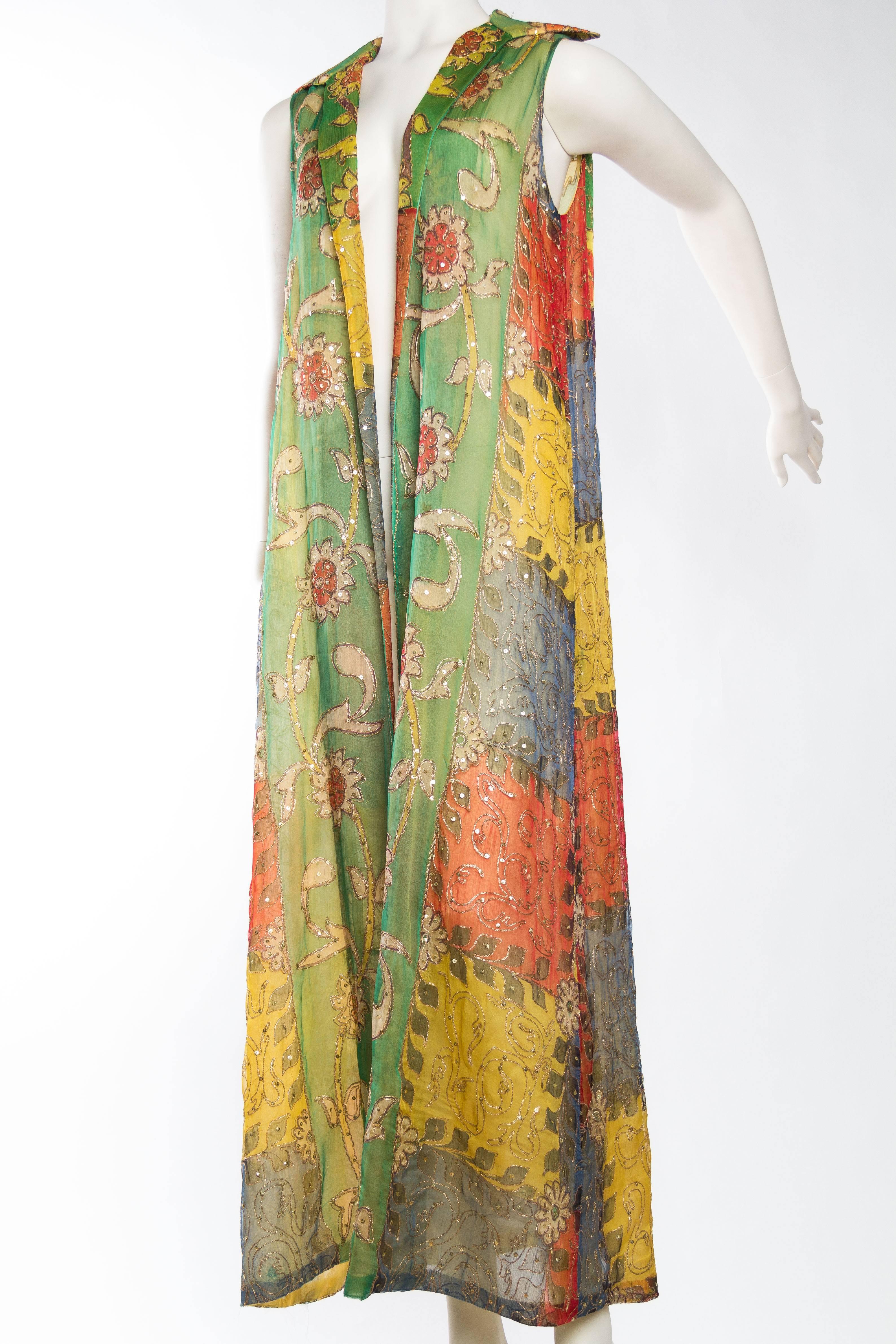 Hand Painted Silk Maxi Vest with Gold Embroidery in a Moroccan or Indian style.