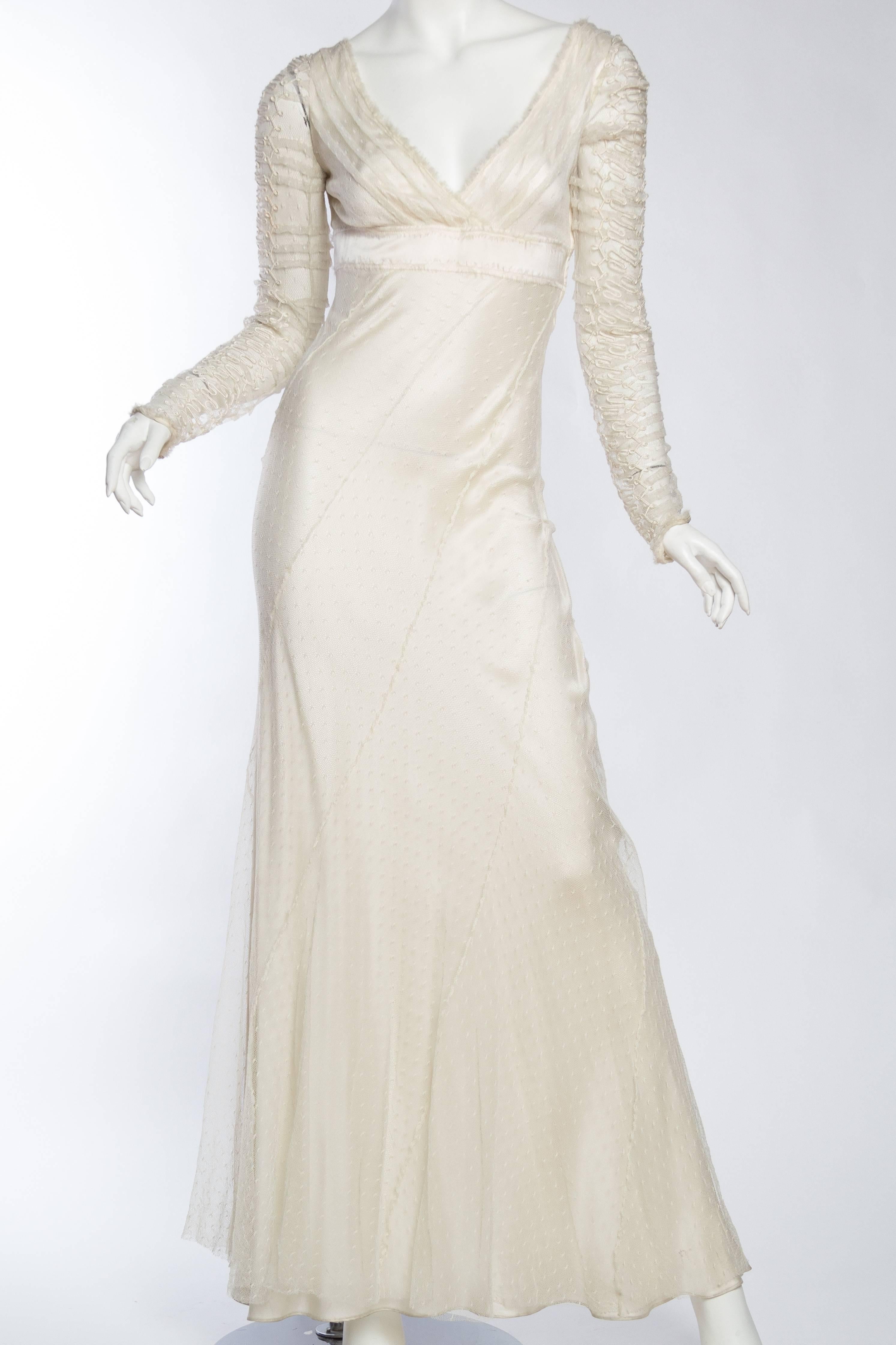 1990S ALBERTA FERRETTI Cream Bias Cut Silk Charmeuse & Tulle Lace Empire Waist Bridal Gown With Embroidered Sleeves