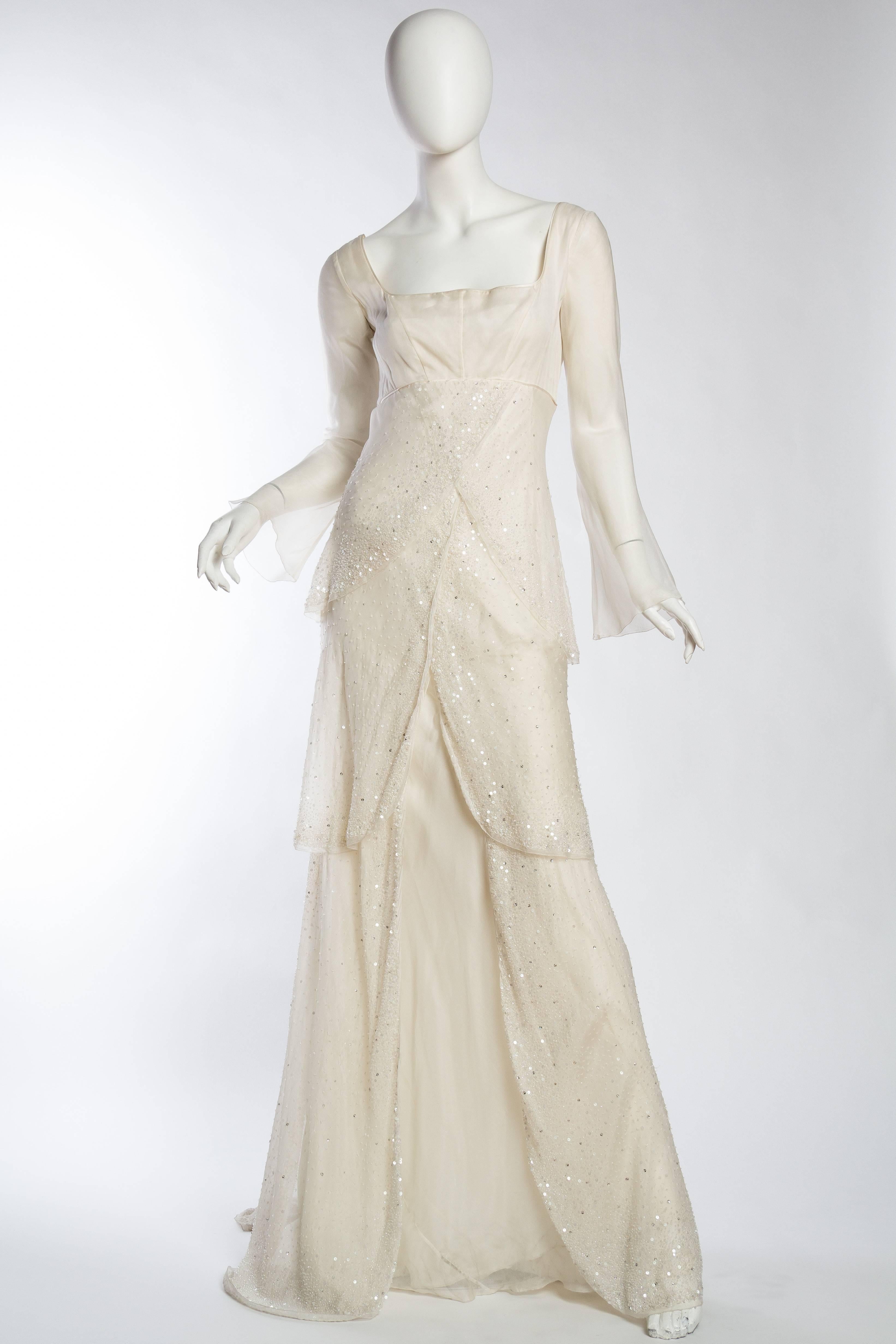 1990S ALBERTA FERRETTI Cream Bias Cut Silk Charmeuse & Organza Medieval Inspired Bridal Trained Gown Covered In Beads Crystals