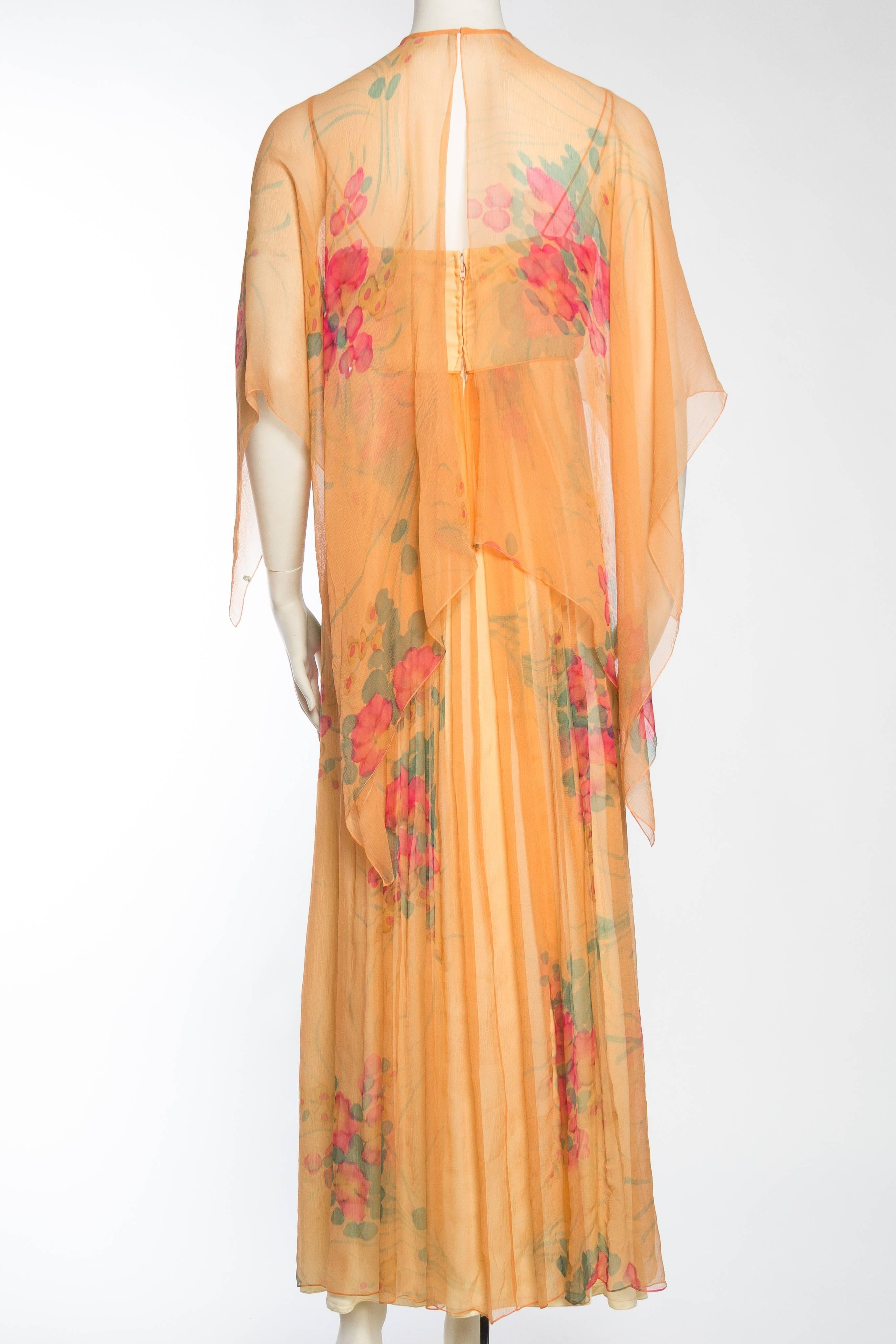 Orange 1970s Alfred Bosand Hand Painted Silk Chiffon Gown with Cape