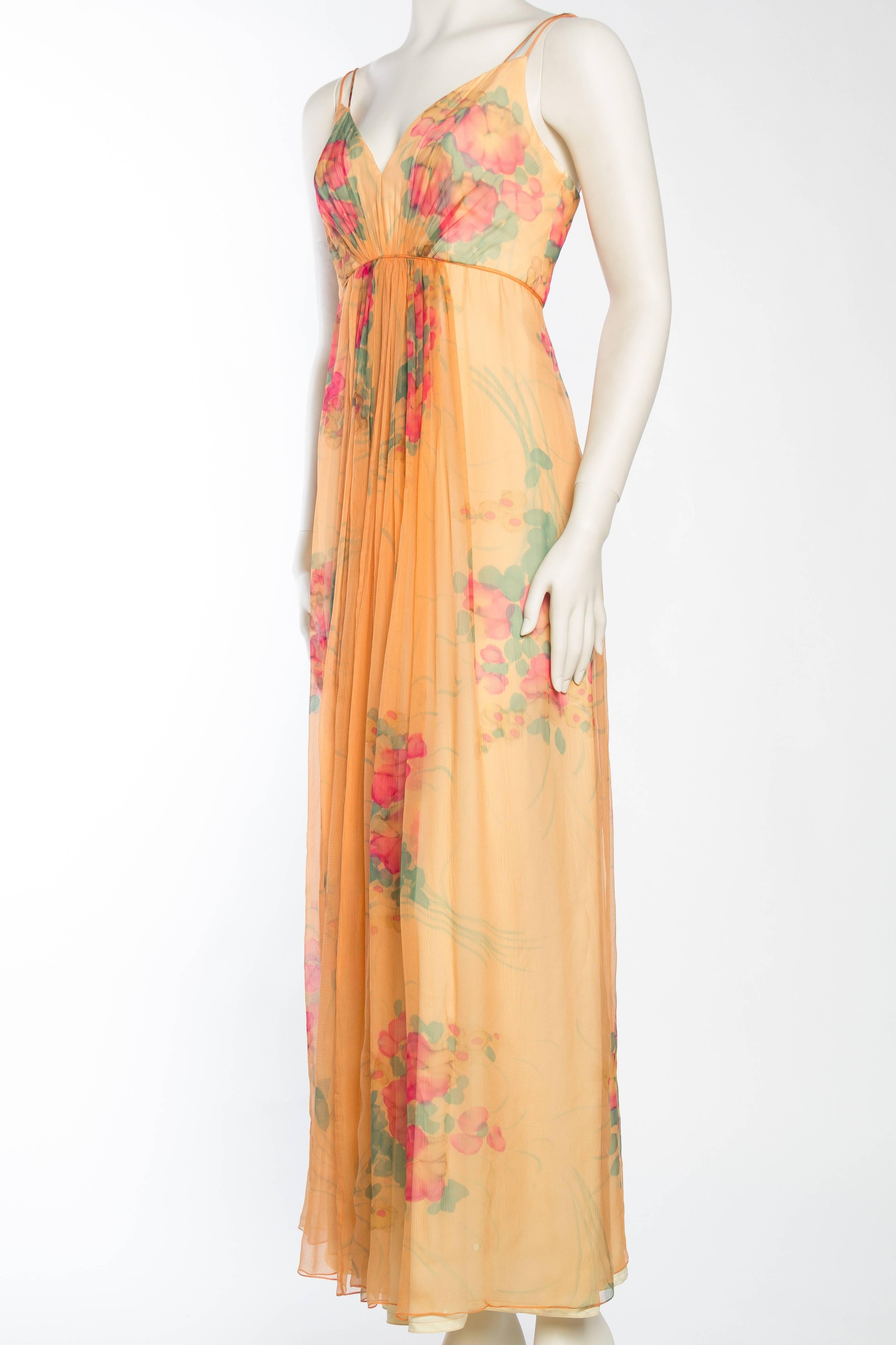1970s Alfred Bosand Hand Painted Silk Chiffon Gown with Cape 1