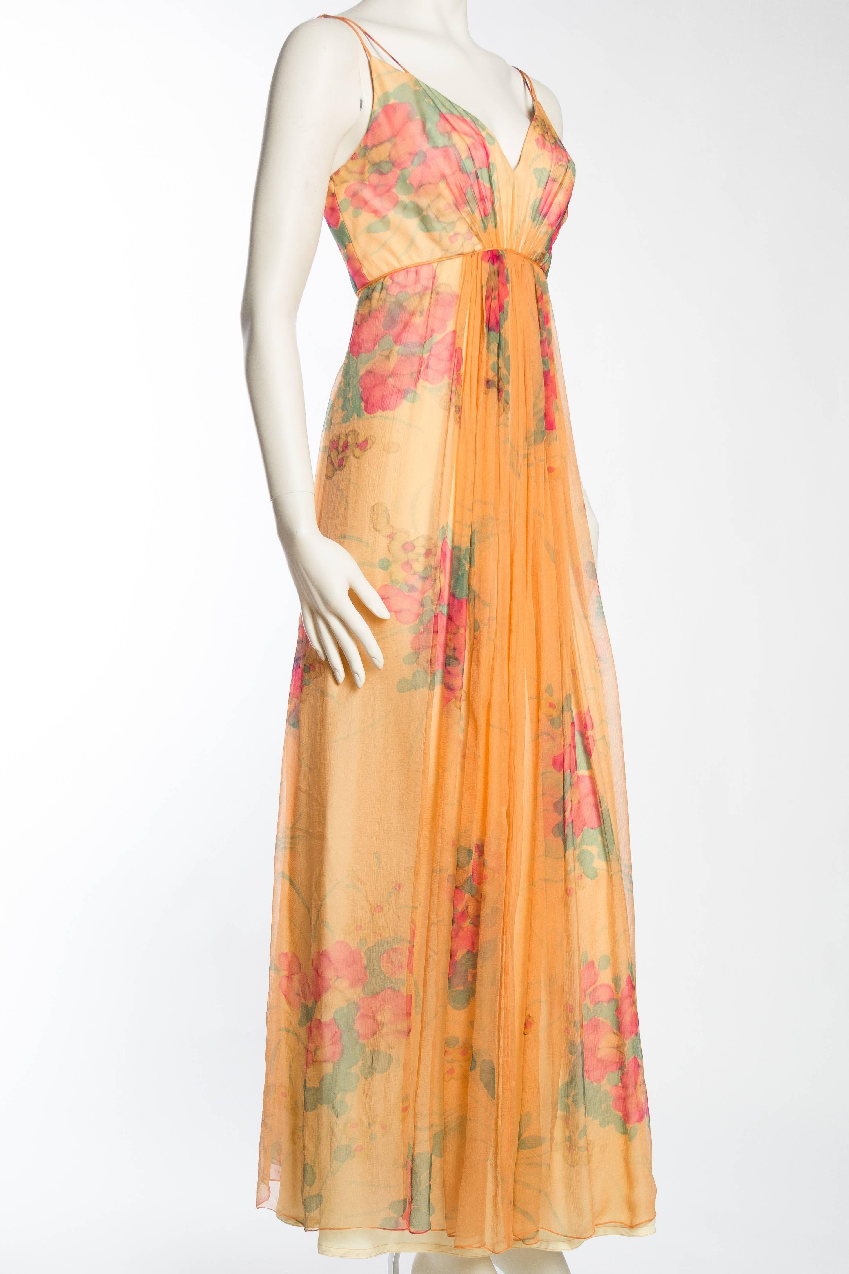Women's 1970s Alfred Bosand Hand Painted Silk Chiffon Gown with Cape