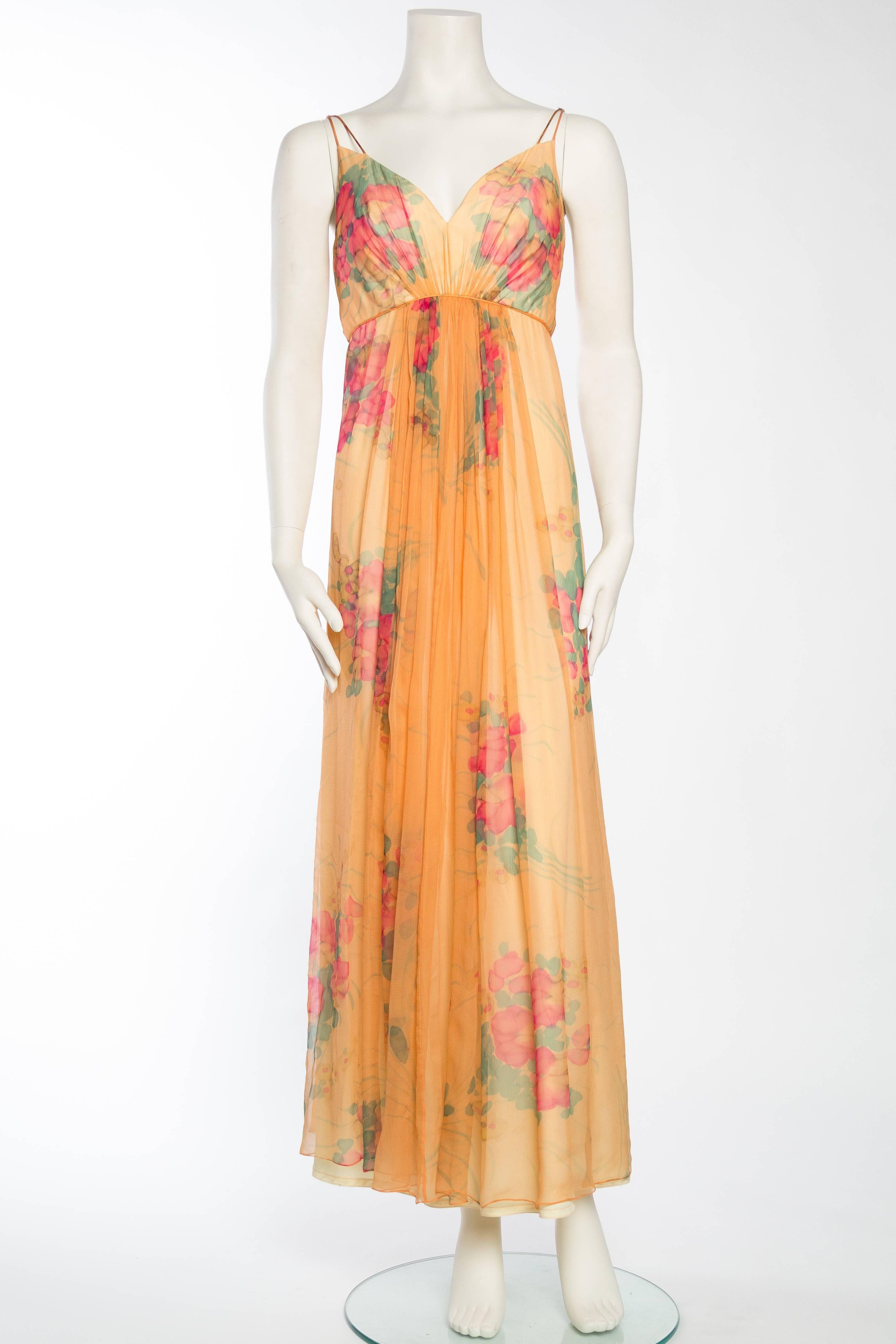 1970s Alfred Bosand Hand Painted Silk Chiffon Gown with Cape In Excellent Condition In New York, NY