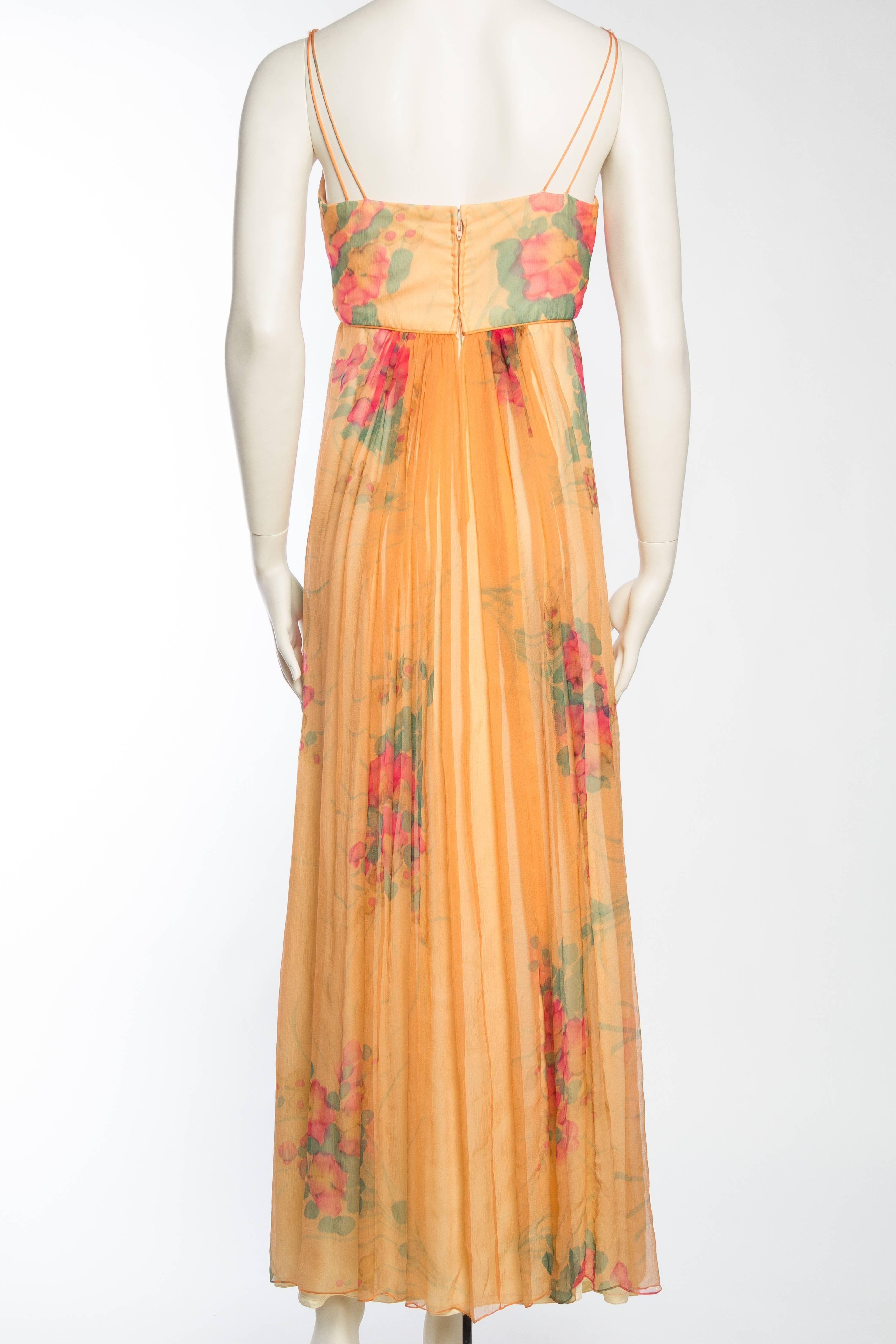 1970s Alfred Bosand Hand Painted Silk Chiffon Gown with Cape 2