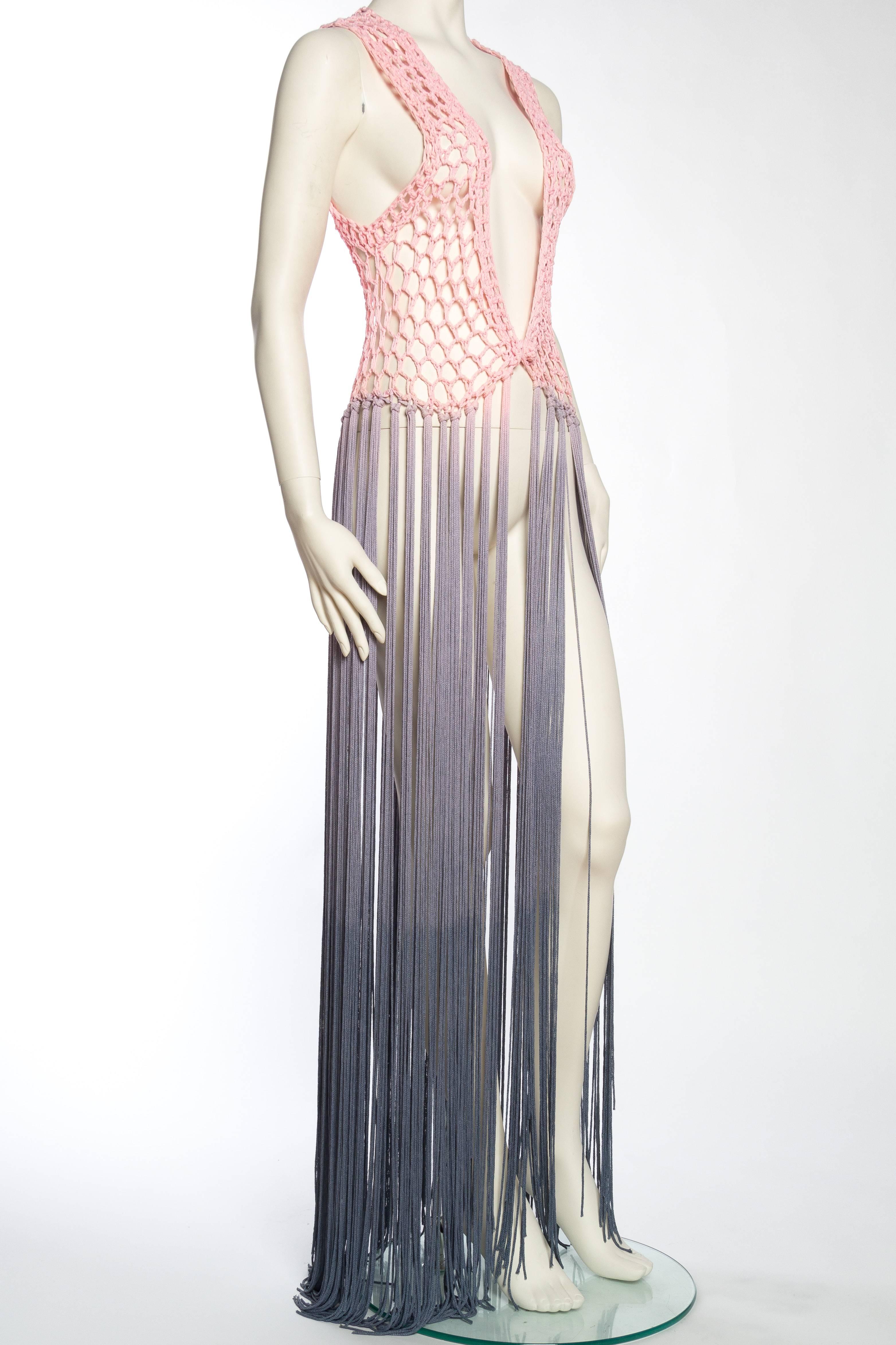 Dip-Dyed Crochet Boho Vest with Floor Length Fringe In Excellent Condition In New York, NY