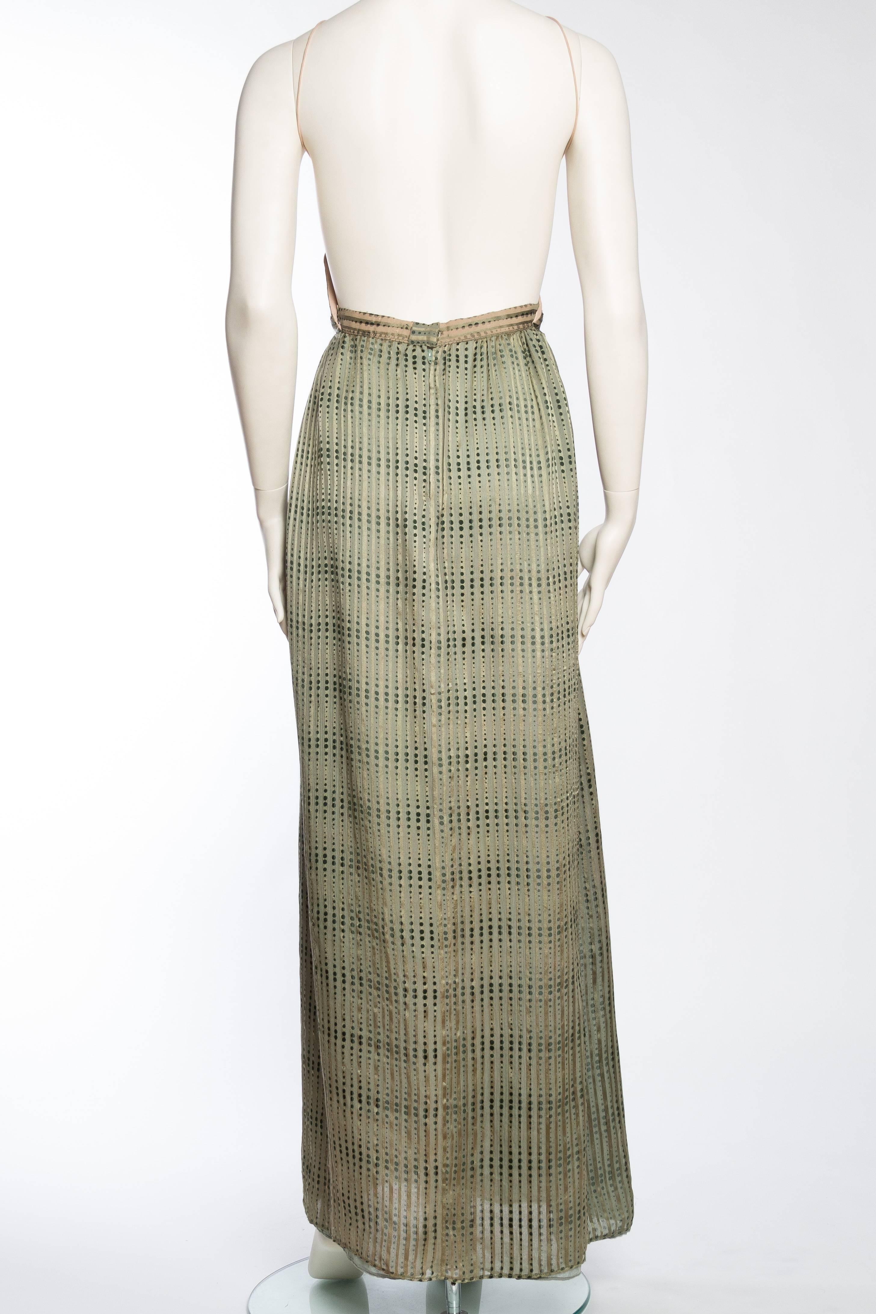 Women's 1970S BILL BLASS Olive Green Silk Chiffon Stripe Backless Gown
