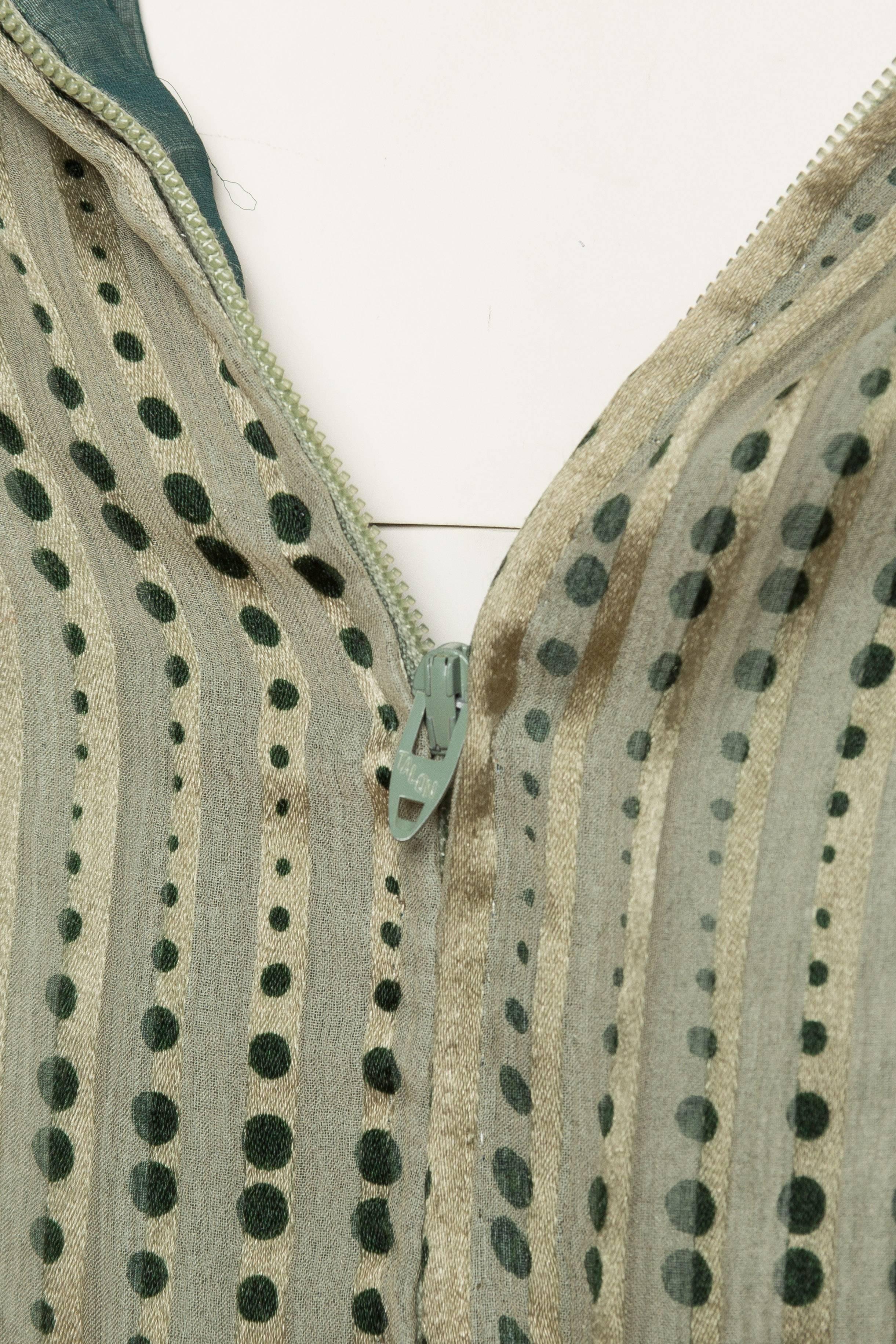 1970S BILL BLASS Olive Green Silk Chiffon Stripe Backless Gown 3