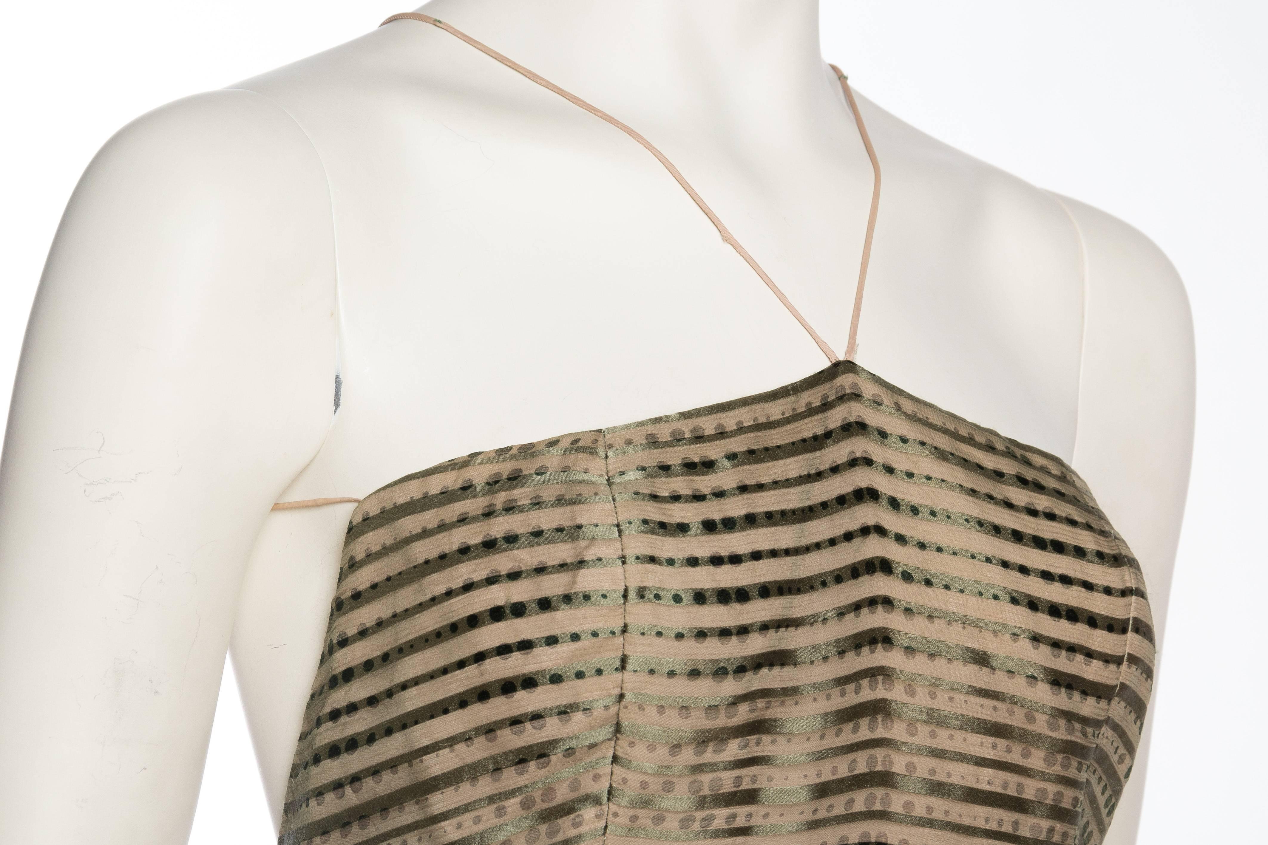 1970S BILL BLASS Olive Green Silk Chiffon Stripe Backless Gown 2