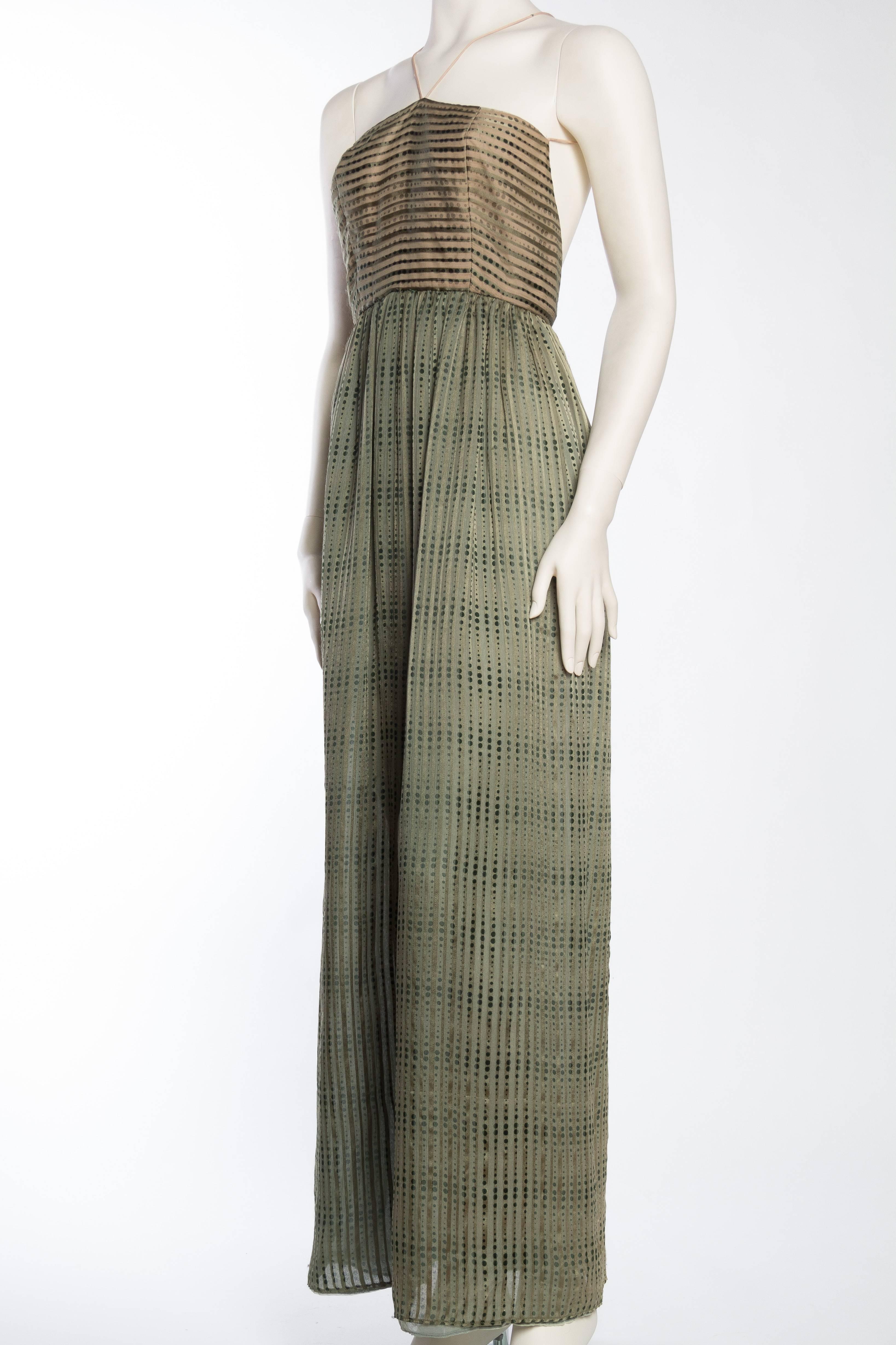 1970S BILL BLASS Olive Green Silk Chiffon Stripe Backless Gown In Excellent Condition In New York, NY