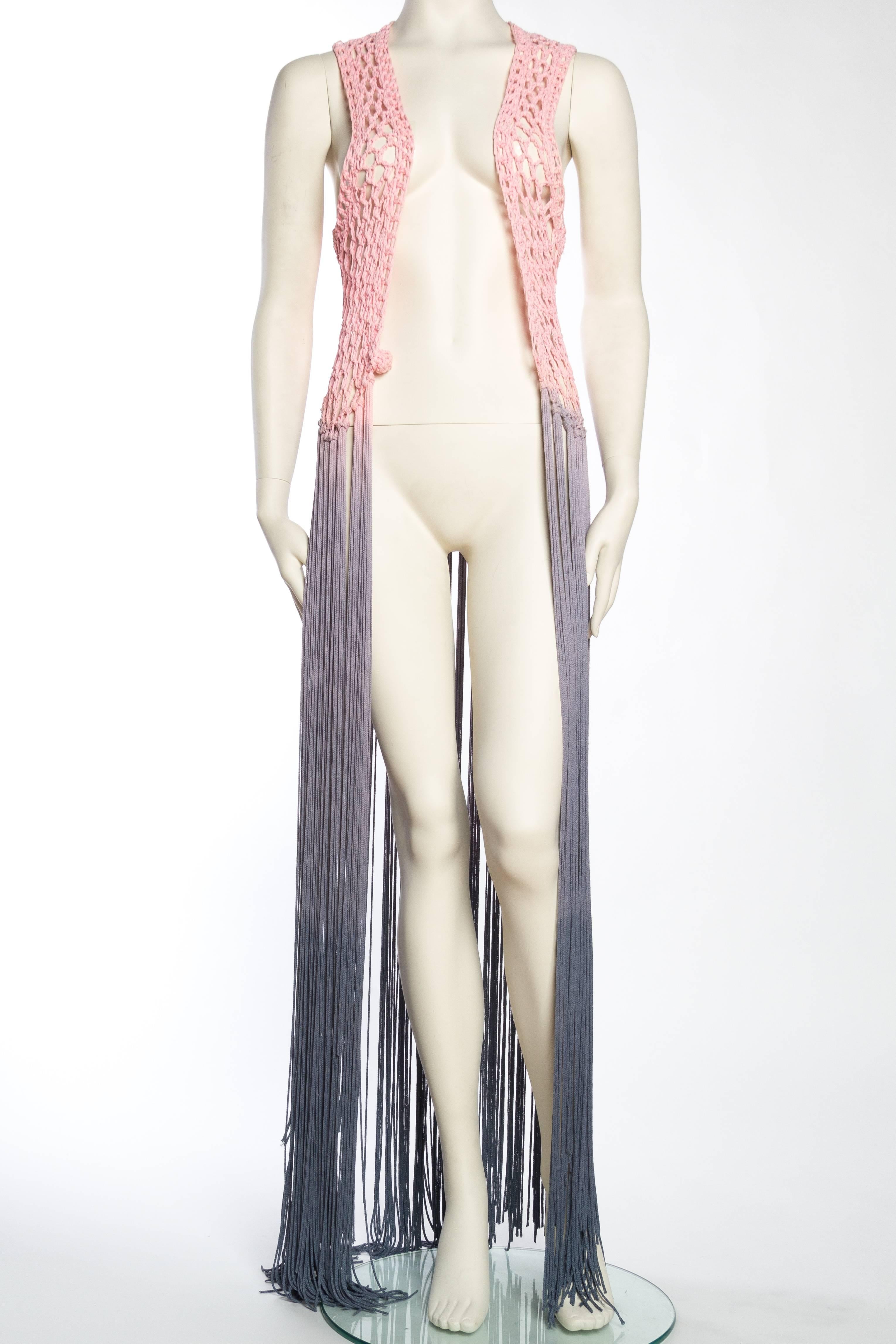 Gray Dip-Dyed Crochet Boho Vest with Floor Length Fringe