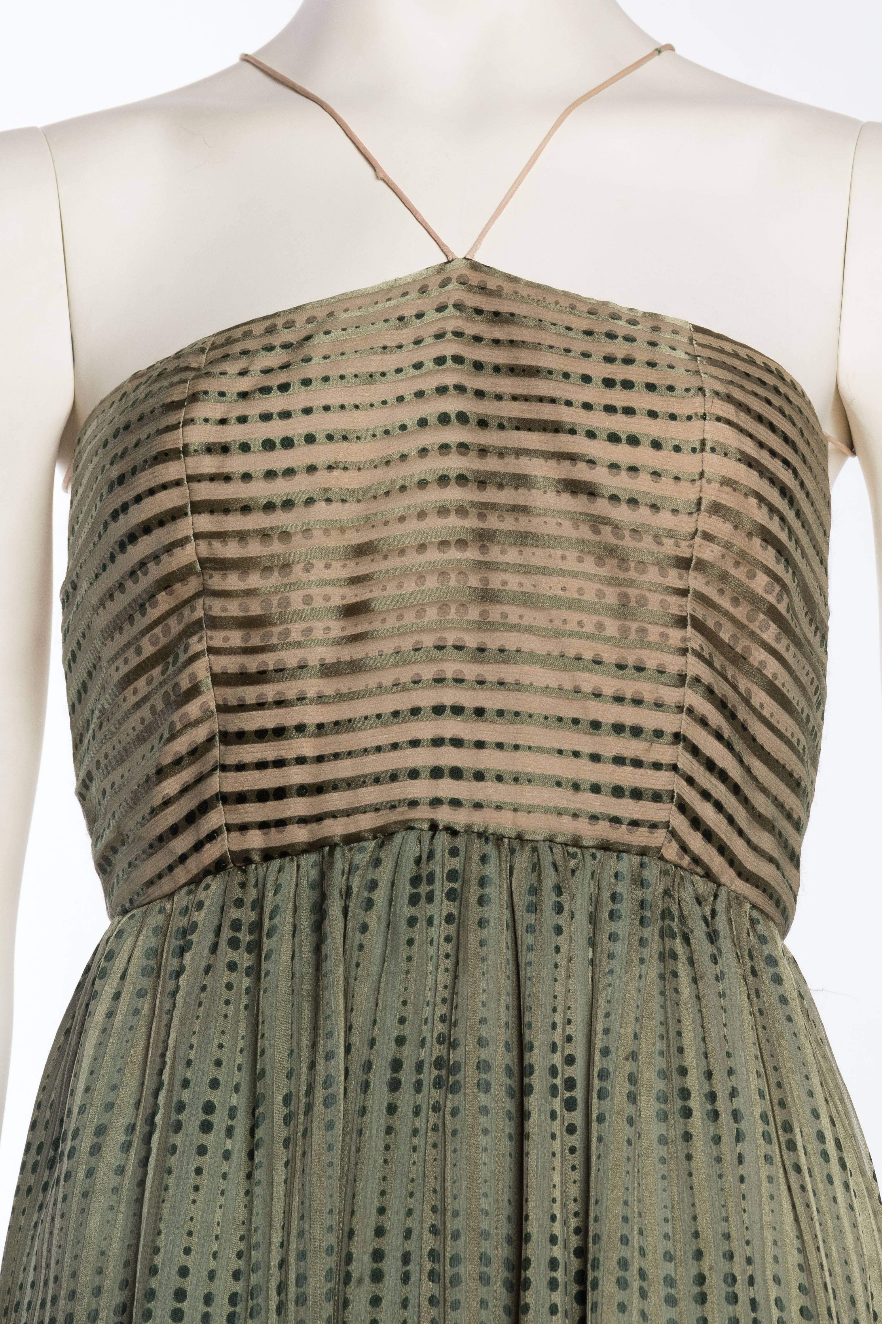 1970S BILL BLASS Olive Green Silk Chiffon Stripe Backless Gown 1