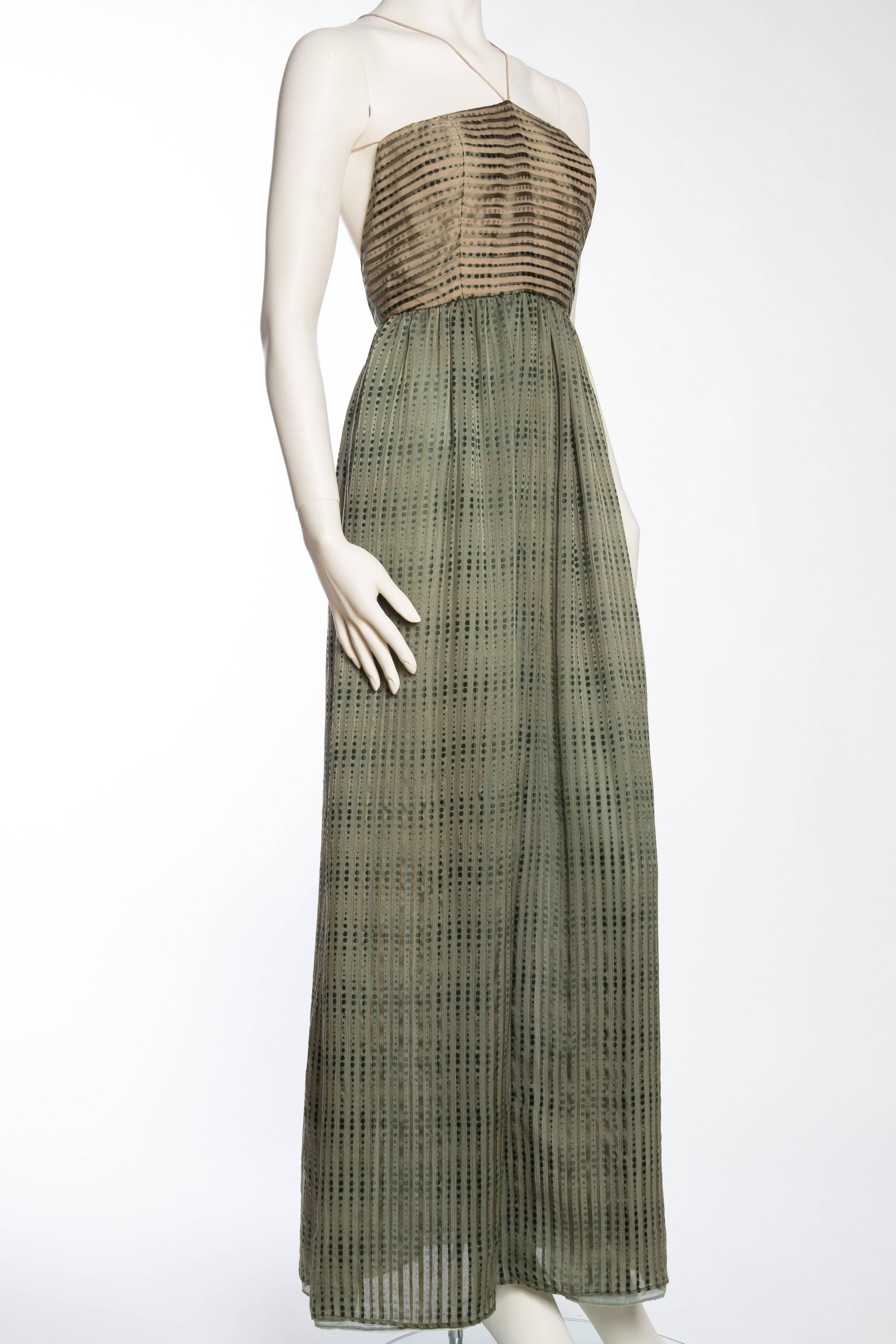 Gray 1970S BILL BLASS Olive Green Silk Chiffon Stripe Backless Gown