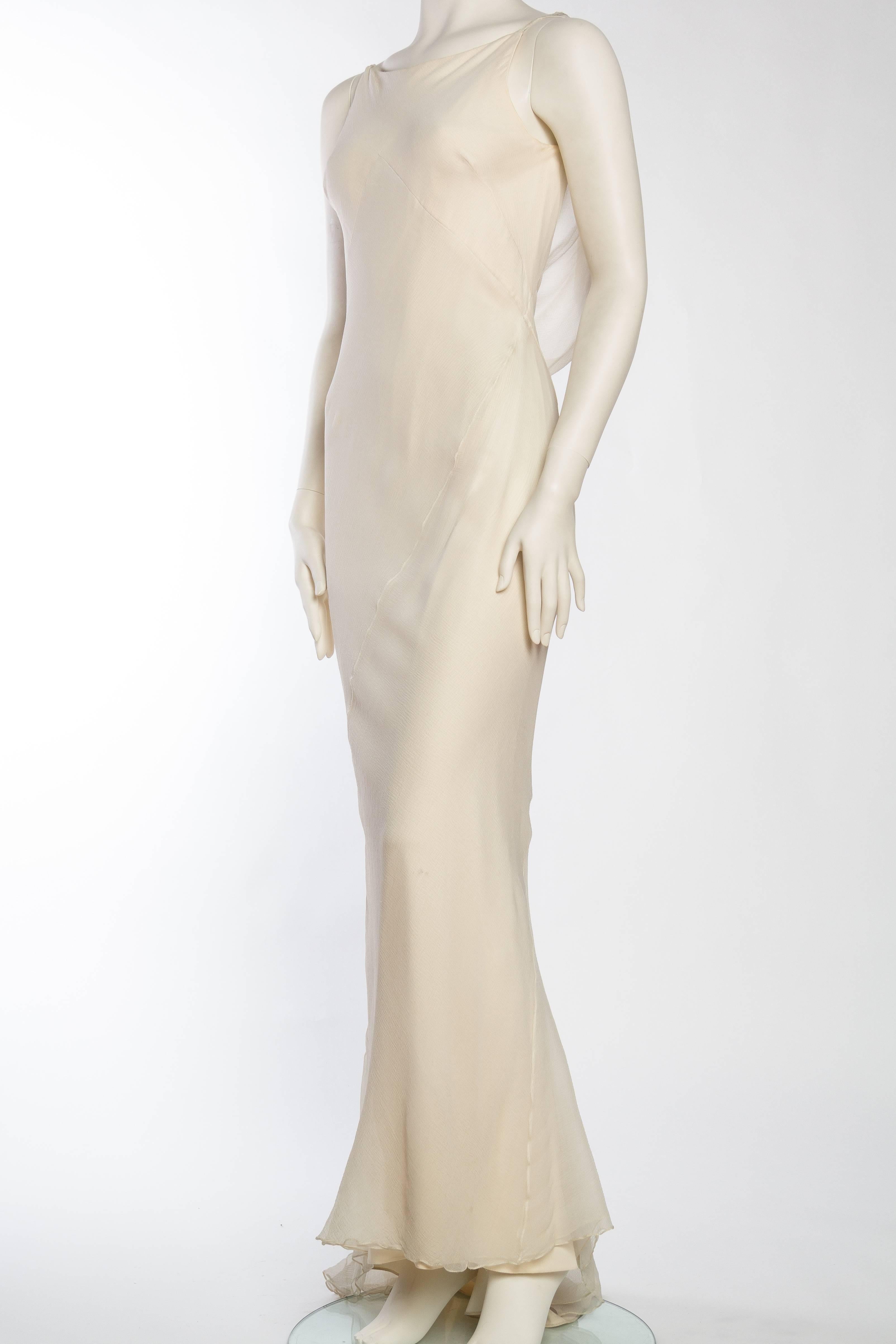 Beige 1990S DANES Ivory Silk Chiffon Bias Cut Backless 1930S Style Gown