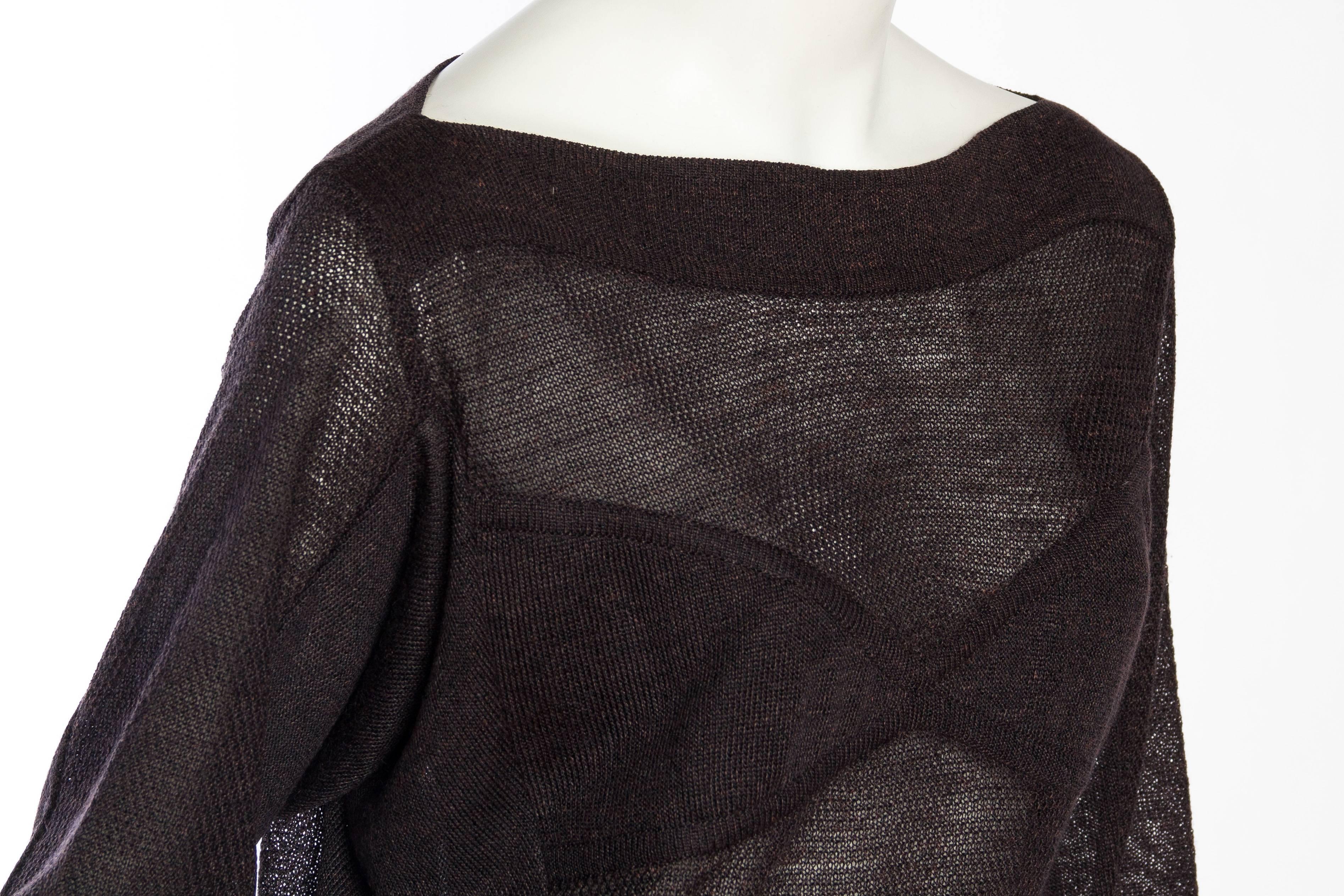 ALAIA Chocolate Brown Mohair, Linen & Viscose Knit Oversized Sheer Faux-Bra Swe In Excellent Condition In New York, NY