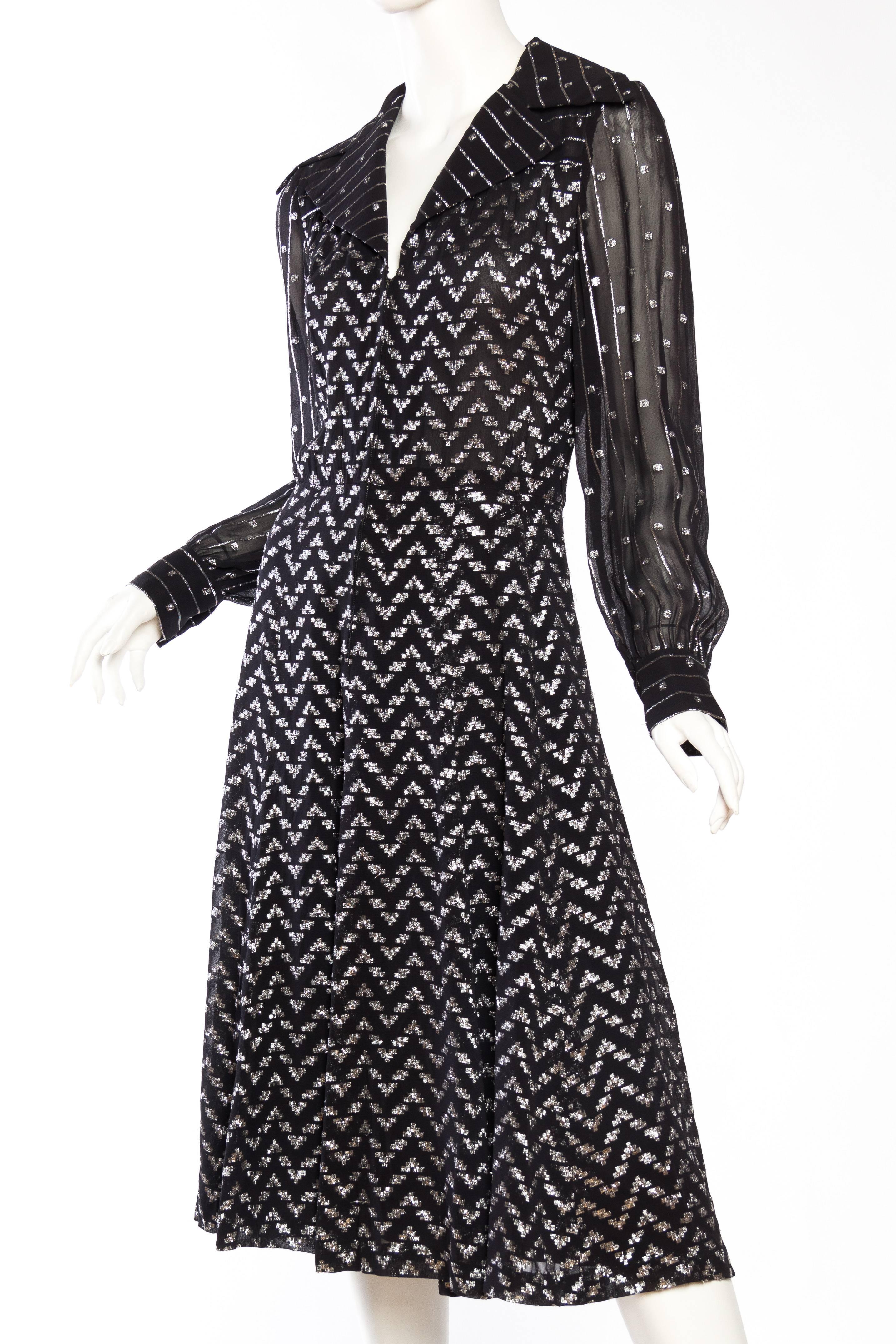 1970s Sheer and Metallic Flowy Little Black Dress 1