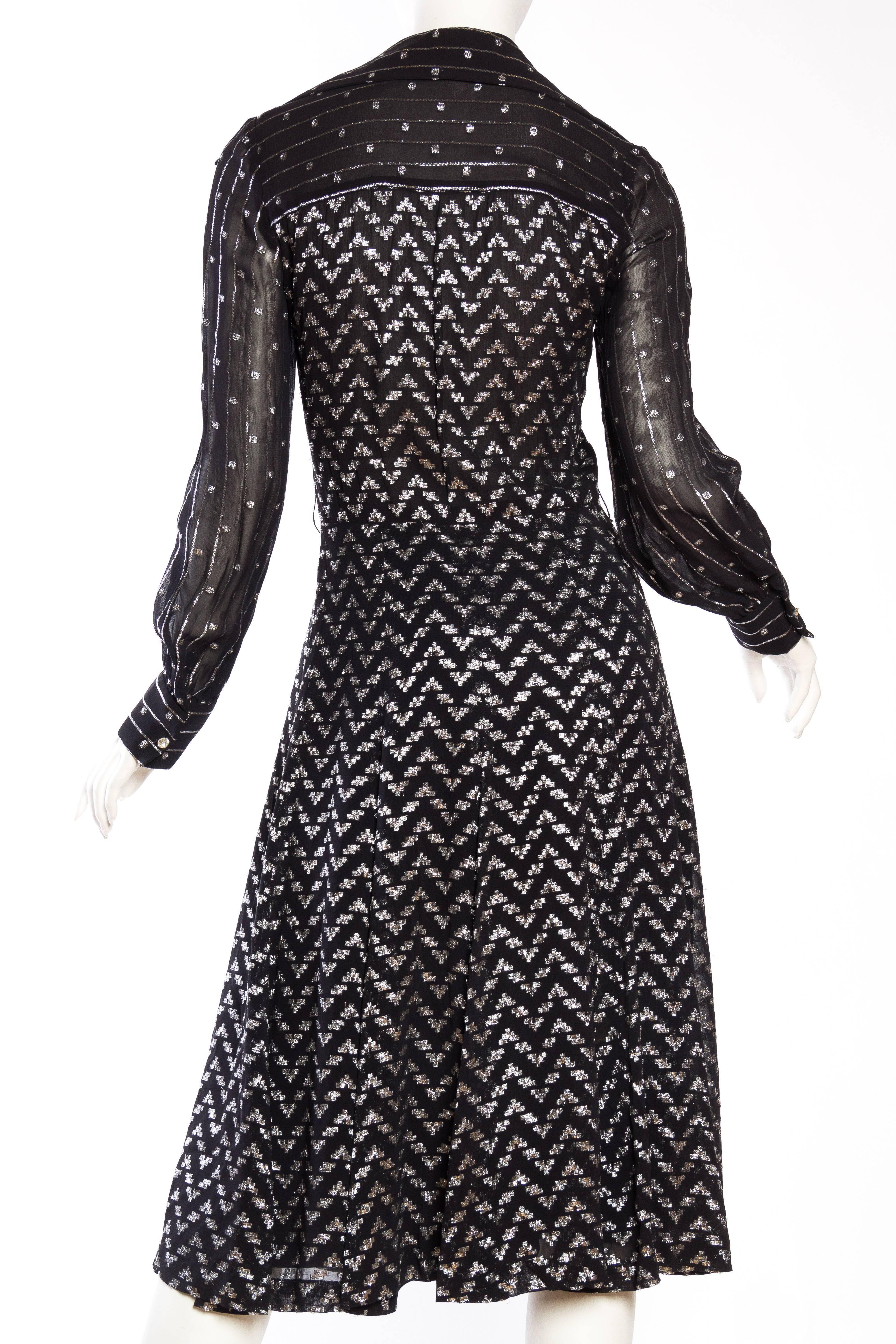 1970s Sheer and Metallic Flowy Little Black Dress 2