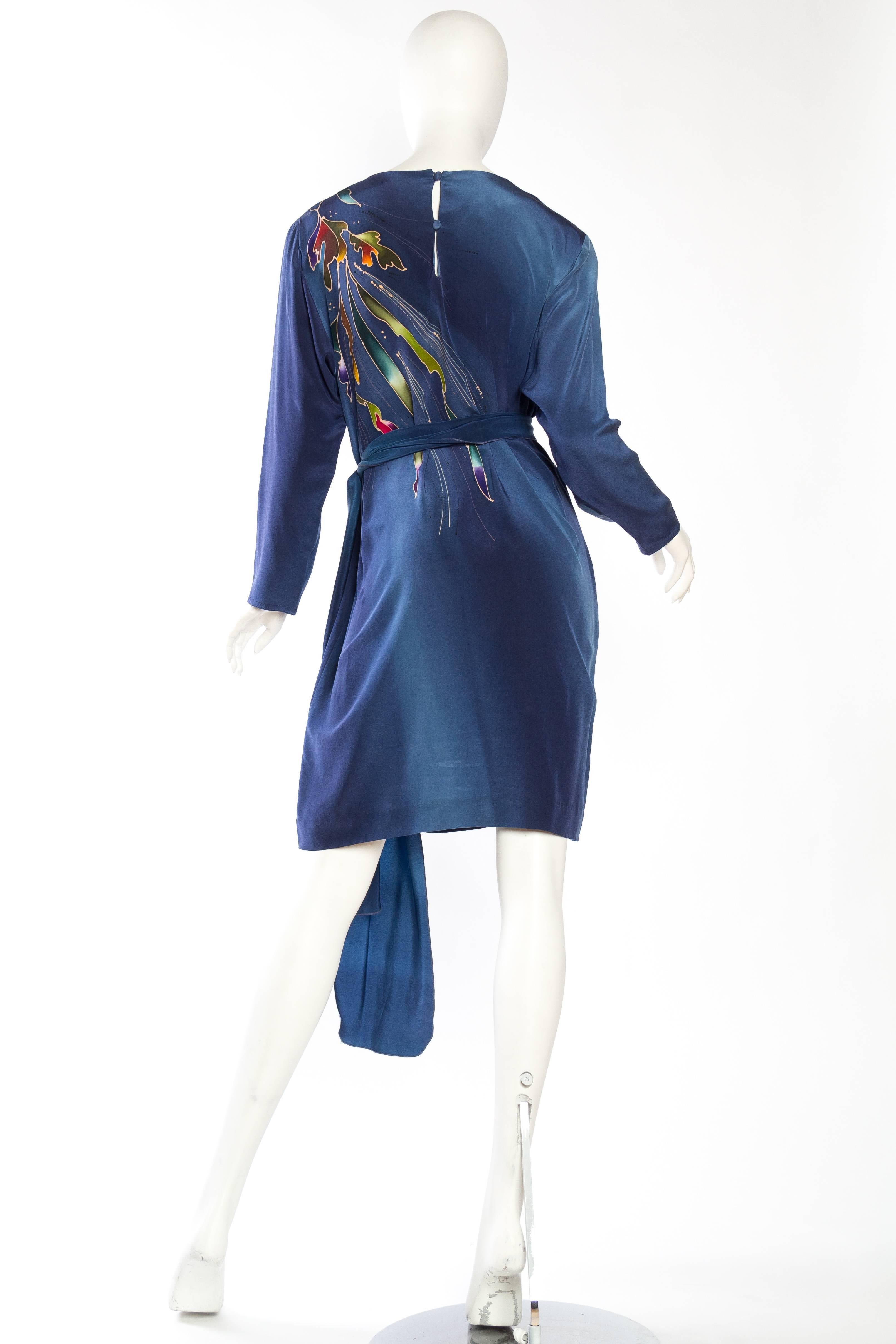 1980S Blue  & Pink Silk Crepe De Chine Hand Painted Tunic Dress 3