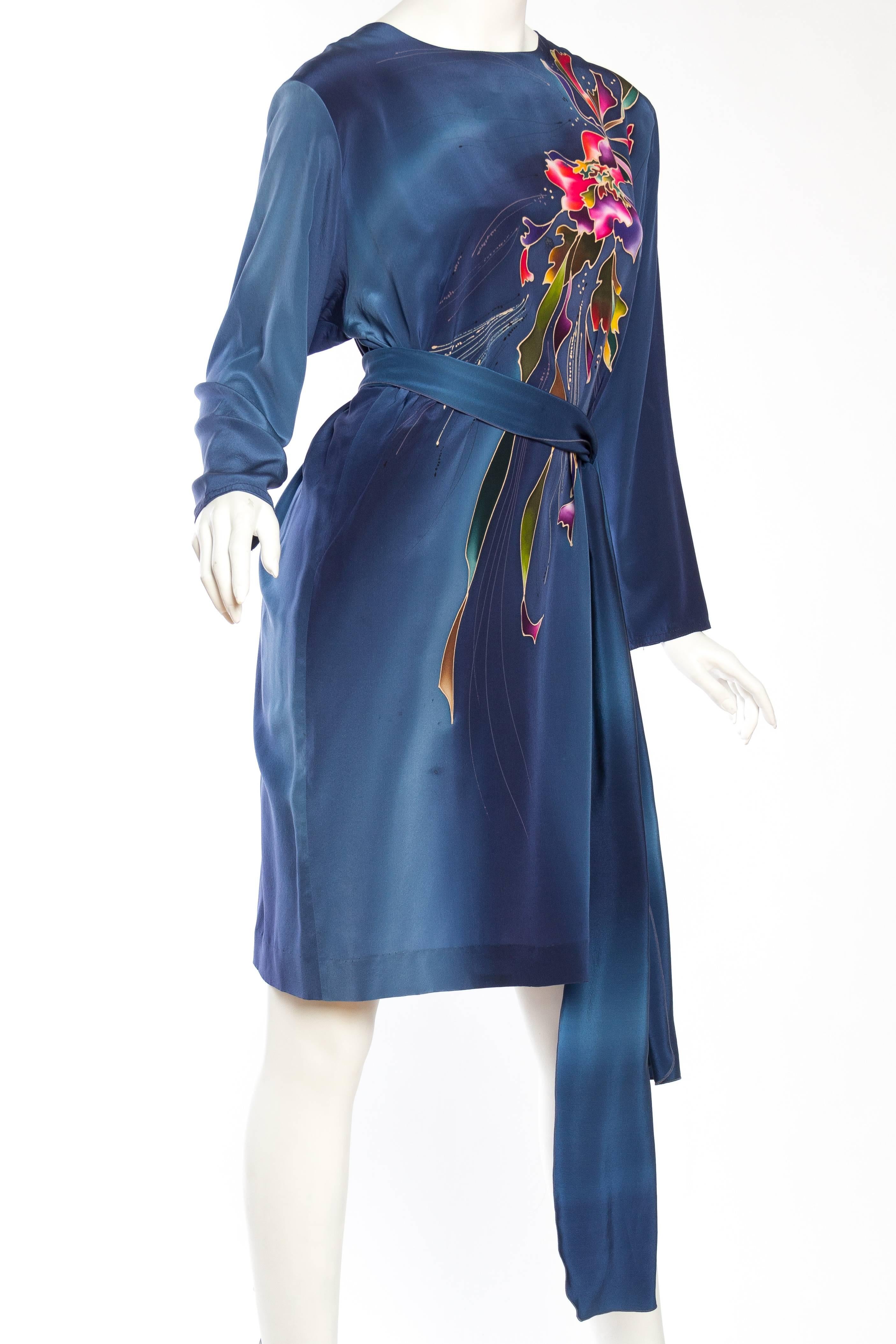 Women's 1980S Blue  & Pink Silk Crepe De Chine Hand Painted Tunic Dress