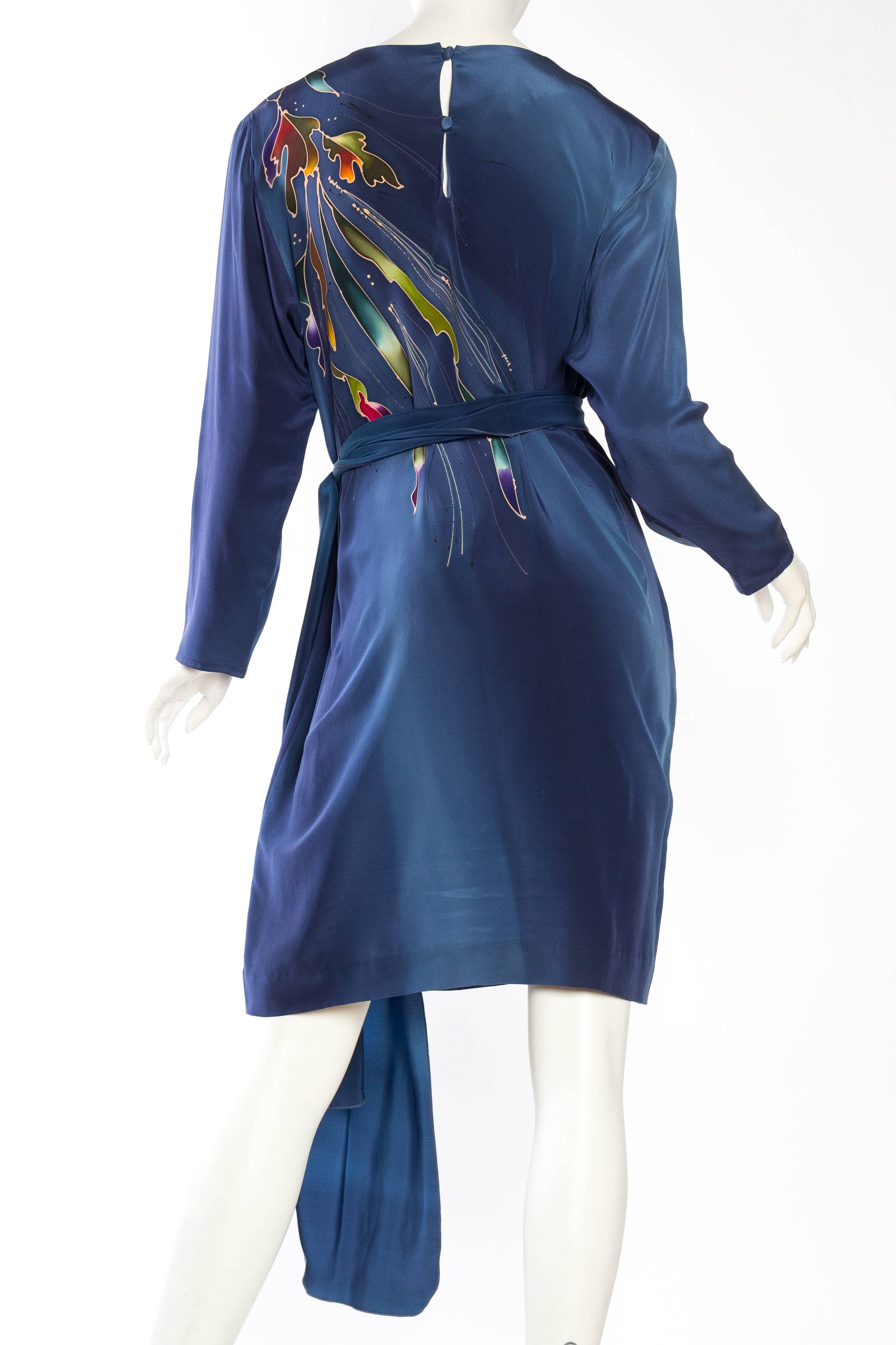 1980S Blue  & Pink Silk Crepe De Chine Hand Painted Tunic Dress 2