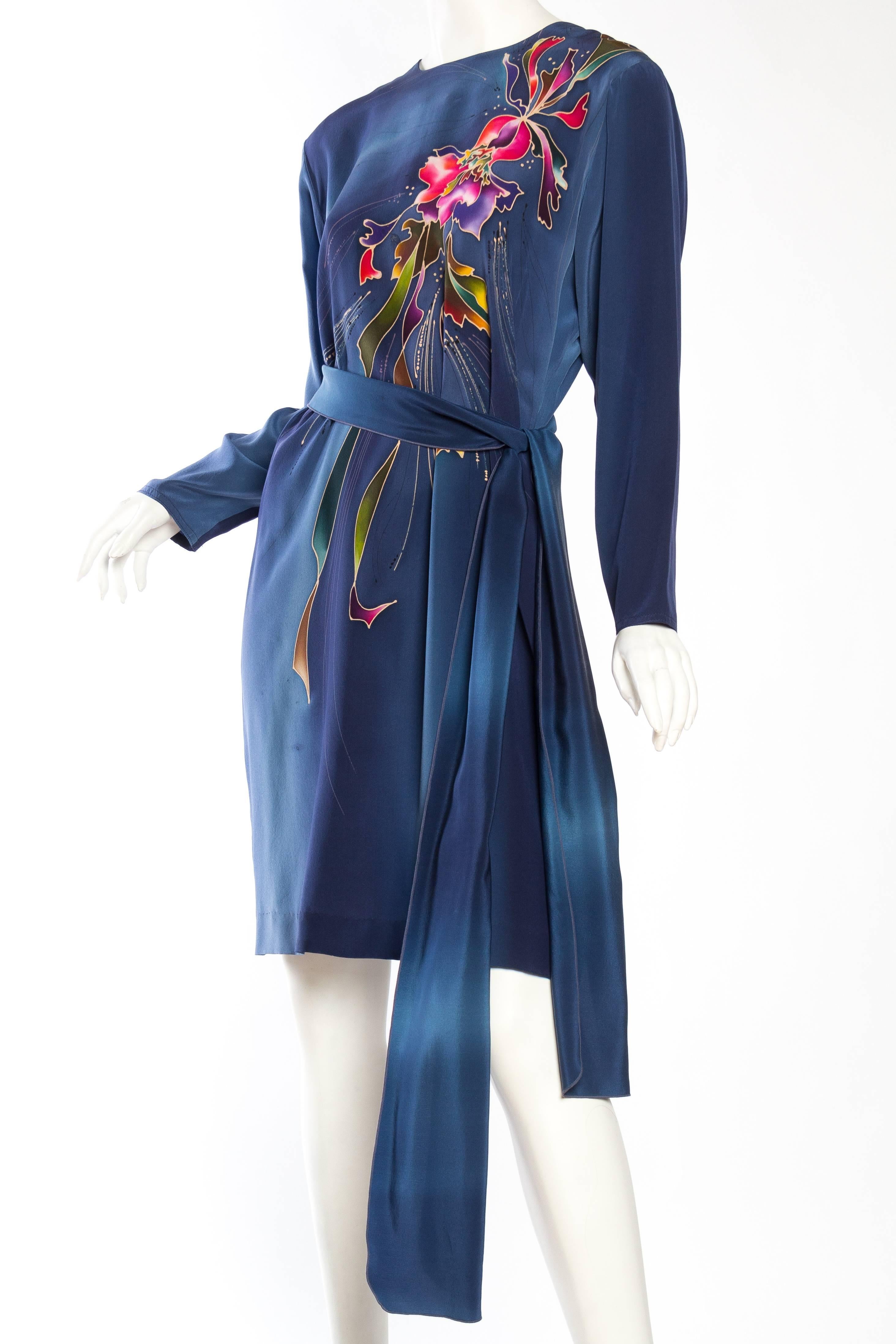 1980S Blue  & Pink Silk Crepe De Chine Hand Painted Tunic Dress 1