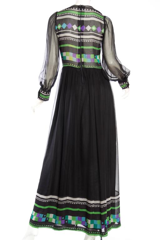 1970S Black & White Silk Mousseline Long Sleeved Gown With Purple Green Geometr For Sale 1