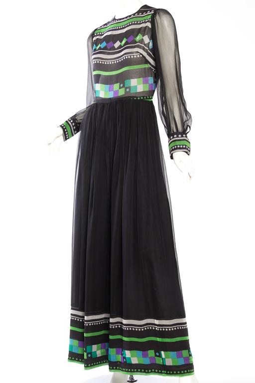 Women's 1970S Black & White Silk Mousseline Long Sleeved Gown With Purple Green Geometr For Sale