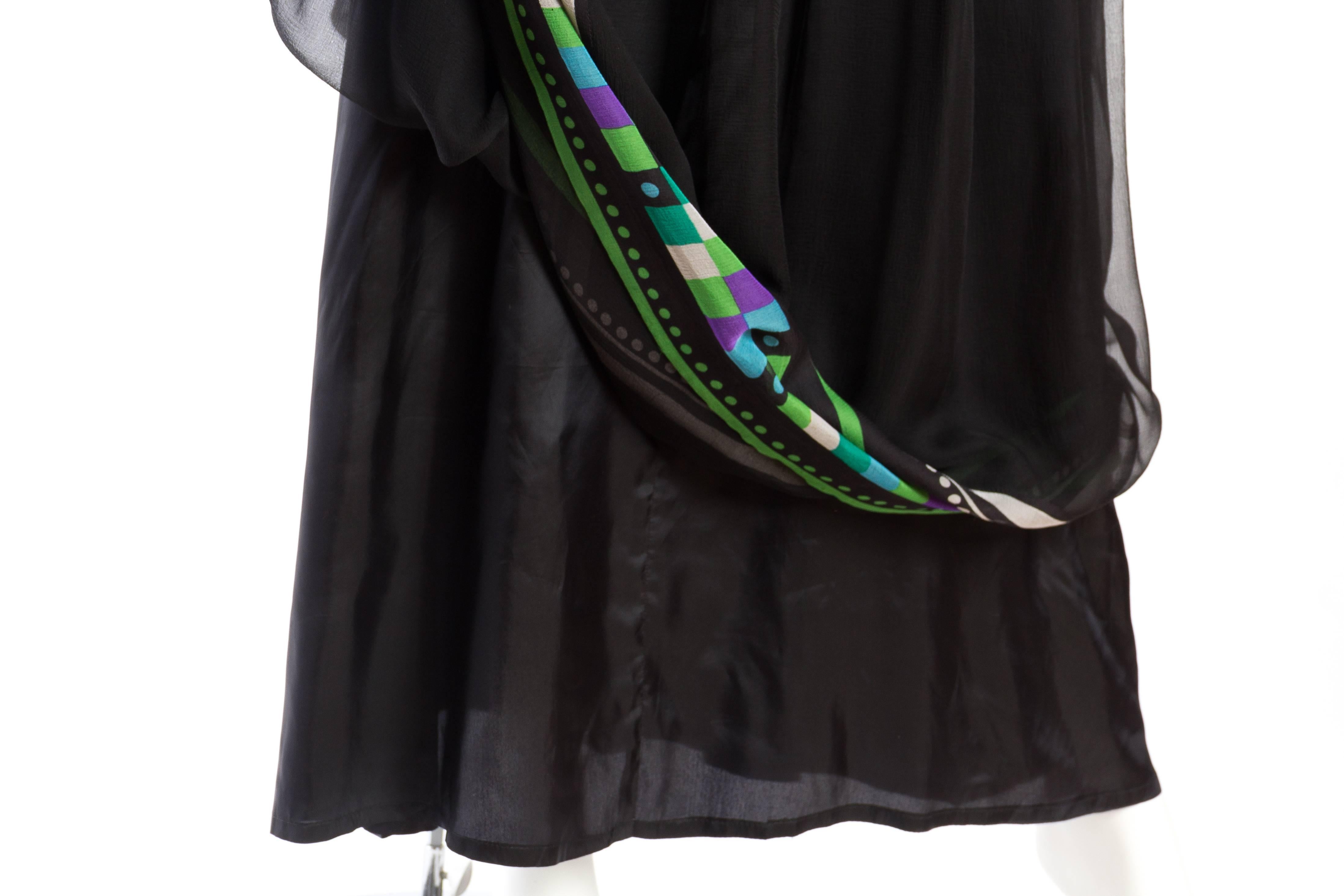 1970S Black & White Silk Mousseline Long Sleeved Gown With Purple Green Geometr For Sale 4