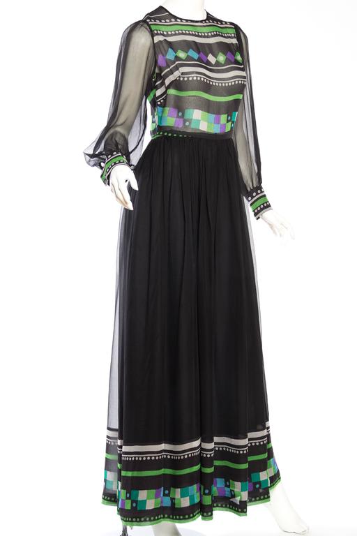 1970S Black & White Silk Mousseline Long Sleeved Gown With Purple Green Geometr In Excellent Condition For Sale In New York, NY